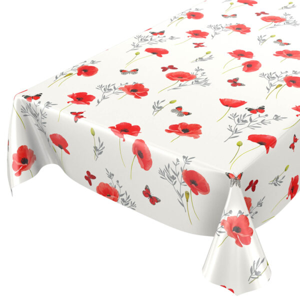 Wachstuch Tischdecke abwaschbar Mohnblumen Perlmut-Weiß Wachstischdecke Gartentischdecke – 120x140cm, Schnittkante