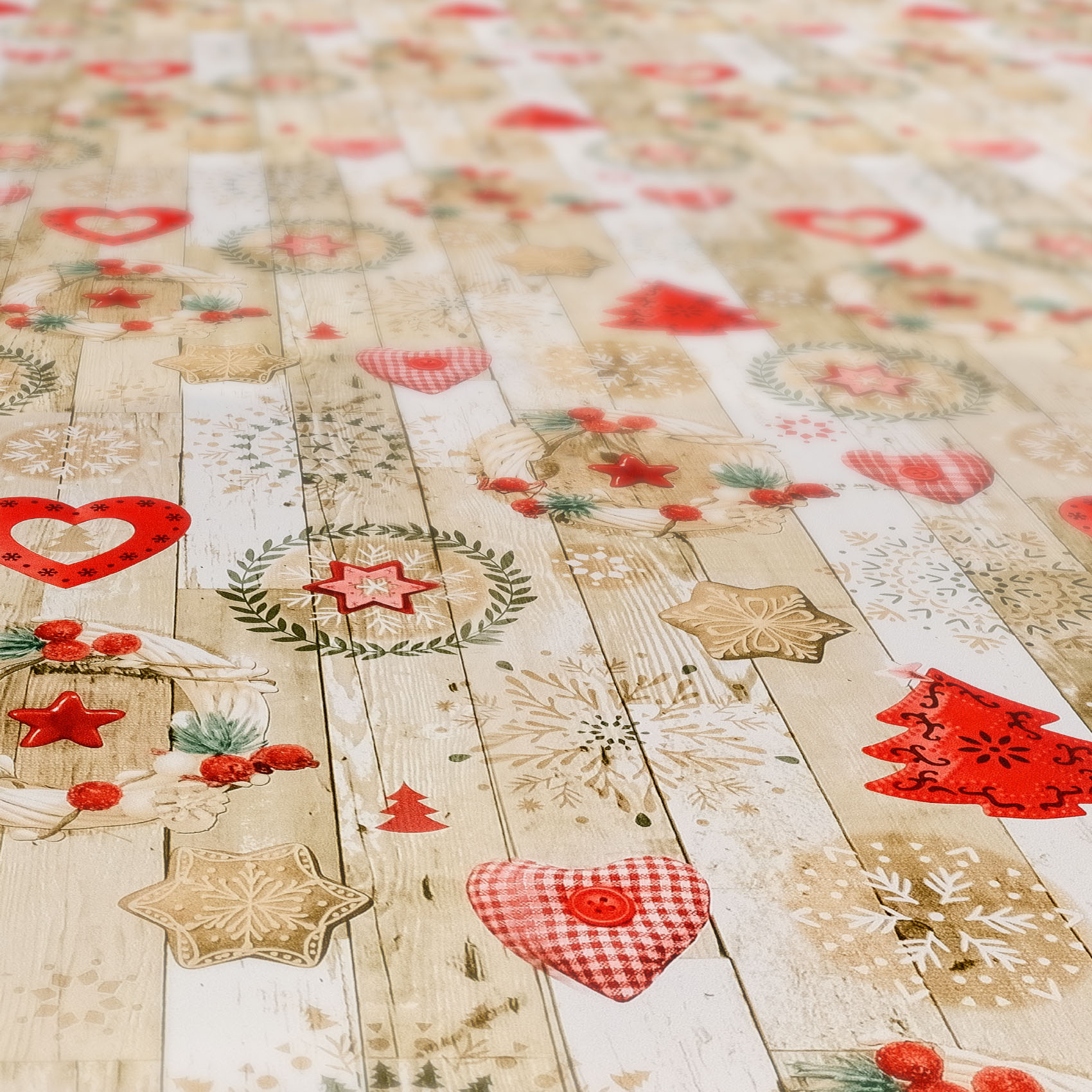 2142903_Product abwaschbare Tischdecke Weihnachten Herz Stern Tanne Rot Wachstuch Wachstuchtischdecke – 200x140cm, Schnittkante