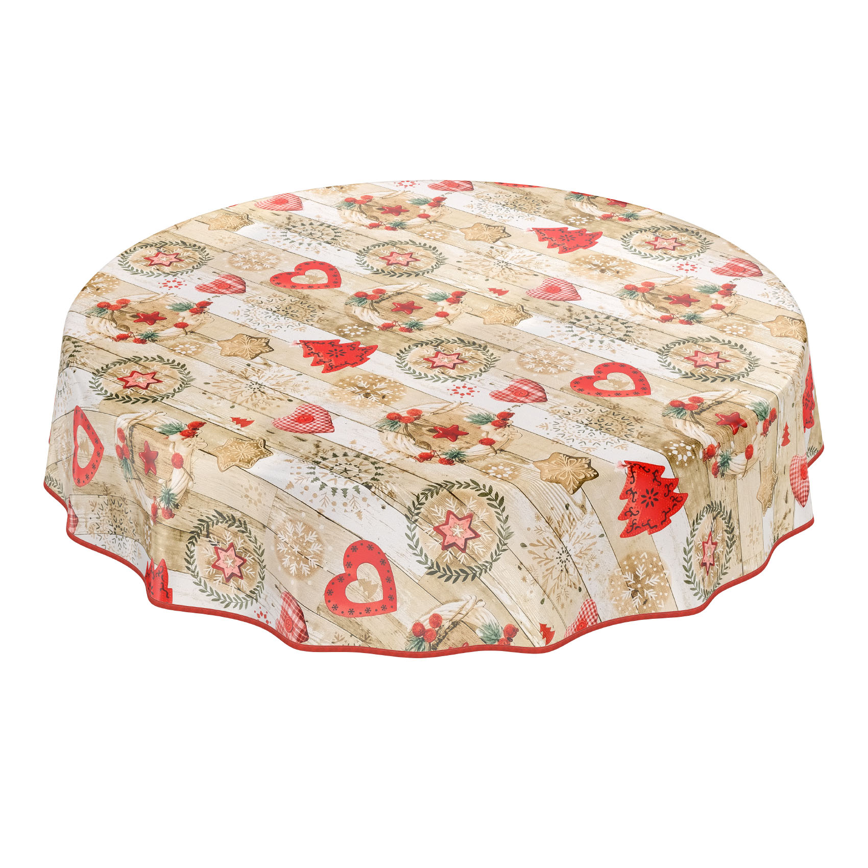 2142998_Product abwaschbare Tischdecke Weihnachten Herz Stern Tanne Rot Wachstuch Wachstuchtischdecke – Rund 100cm, Paspelband (Eingefasst)