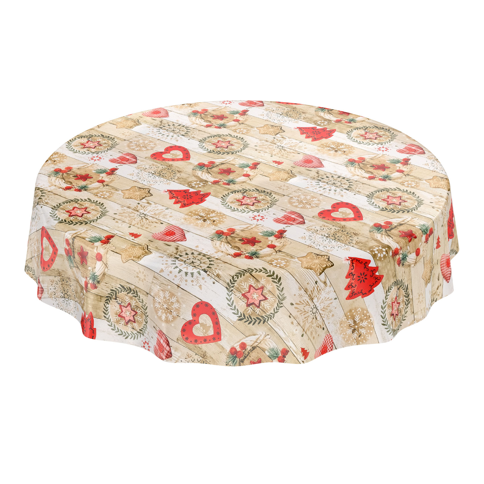 2143002_Product abwaschbare Tischdecke Weihnachten Herz Stern Tanne Rot Wachstuch Wachstuchtischdecke – Rund 120cm, Schnittkante