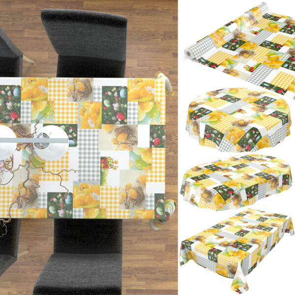 Wachstuch Tischdecke abwaschbar Karo Ostern Eier Küken Fotoprint – 100x140cm, Schnittkante