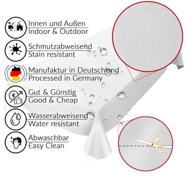 Tischdecke Punkte Relief Textiloptik Weiß abwaschbar Wachstuch Wachstuchtischdecke – 100x140cm, Schnittkante