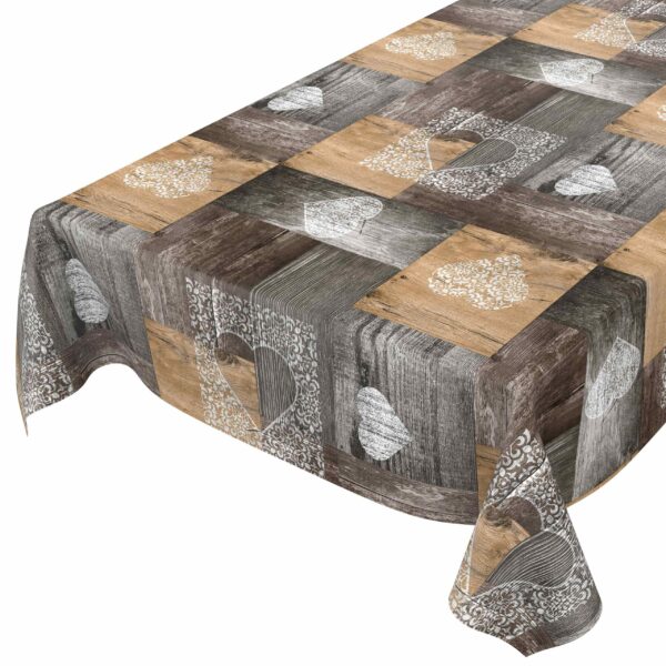 WachstuchTischdecke abwaschbar Wachstischdecke Landhaus Holz Herz Rustikal Braun pflegeleicht – 120x160cm, Schnittkante