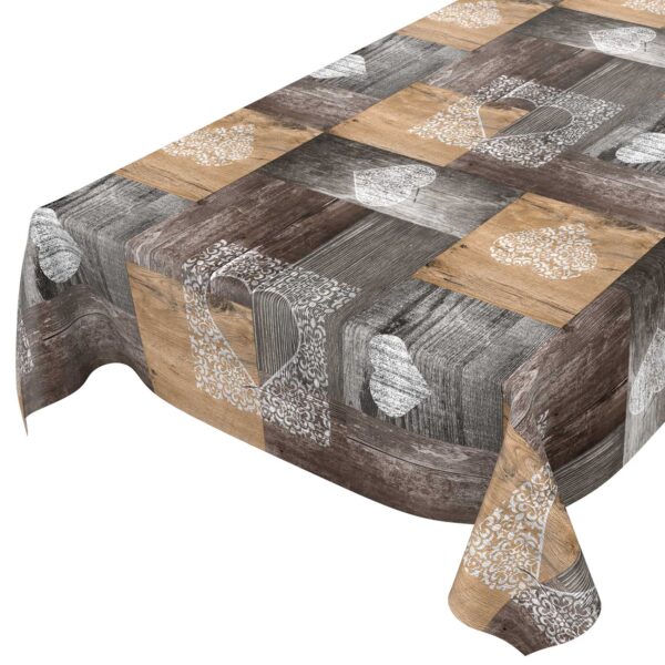 Tischdecke Holz Rustikal Herz Liebe Braun pflegeleicht abwaschbar Wachstuch Wachstuchtischdecke – 120x140cm, Schnittkante