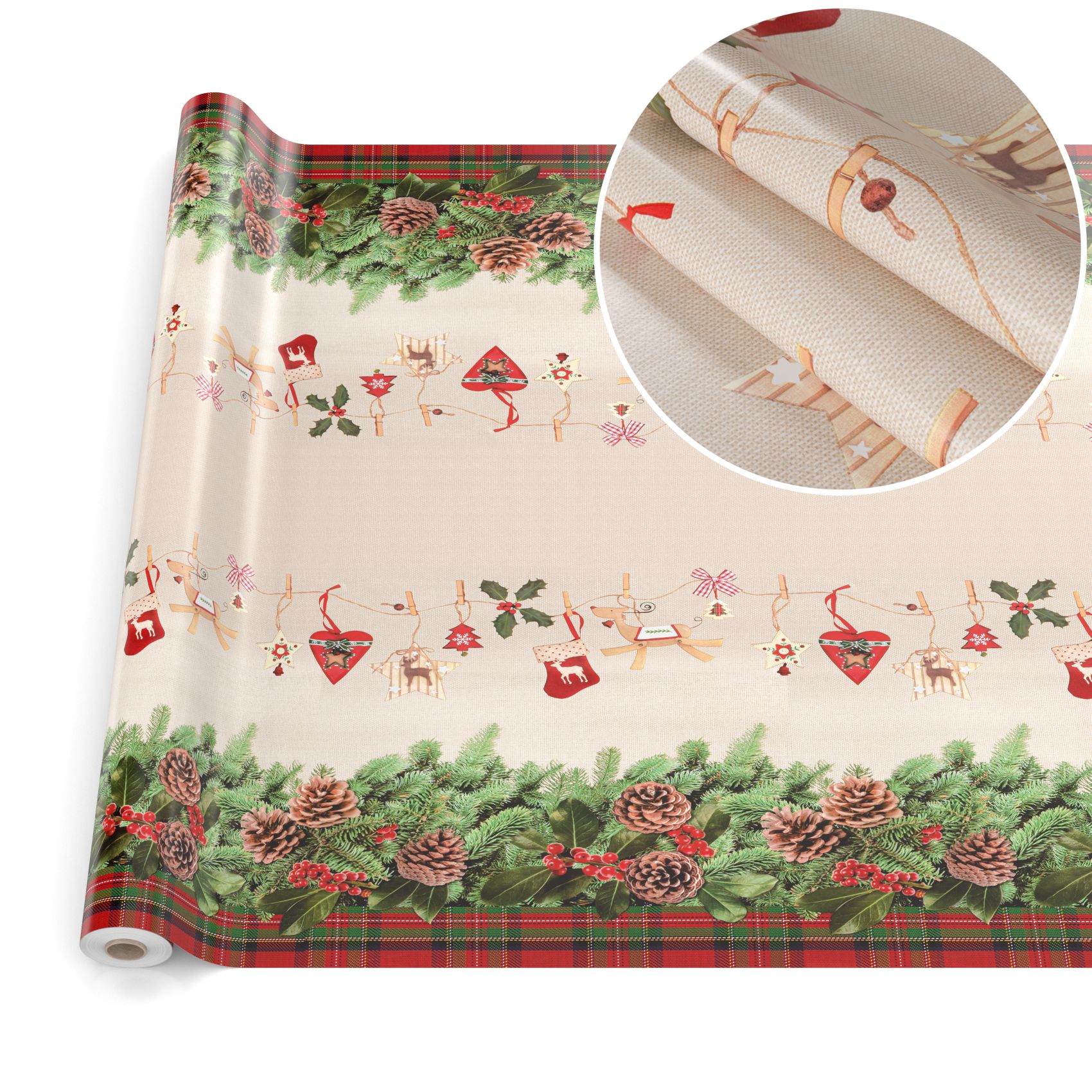 D0019A_10A-5 Weihnachtstischdecke Wachstuch Tischdecke abwaschbar Wachstischdecke Weihnachstskranz – 2000x140cm (20m), Schnittkante