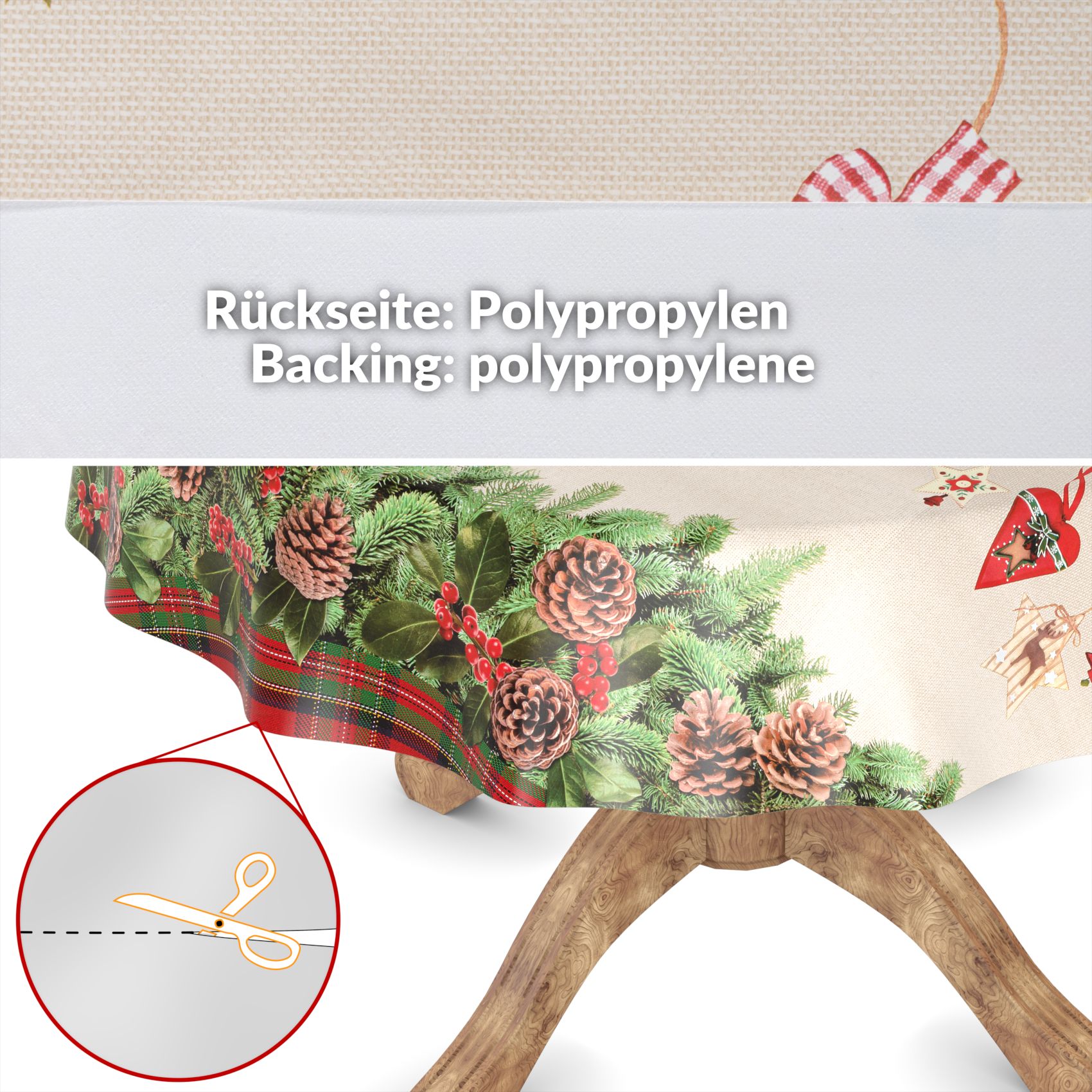 D0019A_31 Weihnachtstischdecke Wachstuch Tischdecke abwaschbar Wachstischdecke Weihnachstskranz – Rund 100cm, Schnittkante