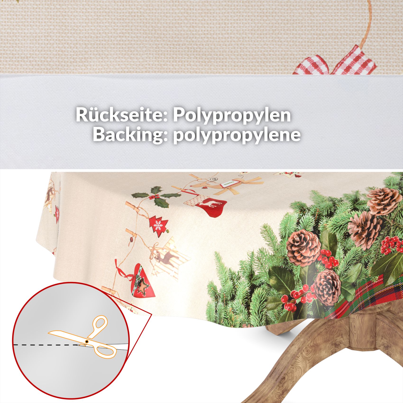 D0019A_33-1 Weihnachtstischdecke Wachstuch Tischdecke abwaschbar Wachstischdecke Weihnachstskranz – Oval 180x140cm, Schnittkante