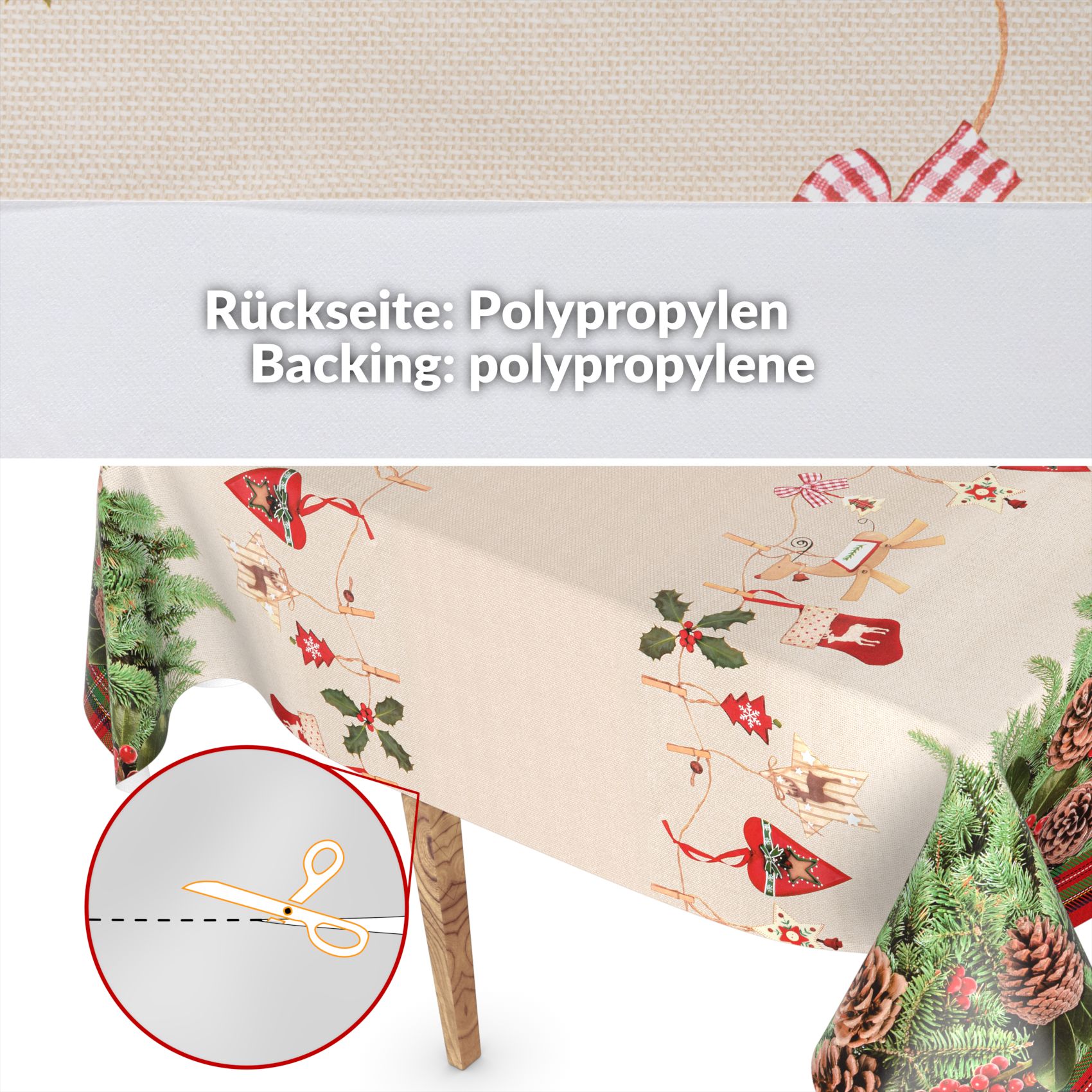 D0019A_34-13 Weihnachtstischdecke Wachstuch Tischdecke abwaschbar Wachstischdecke Weihnachstskranz – 240x140cm, Schnittkante