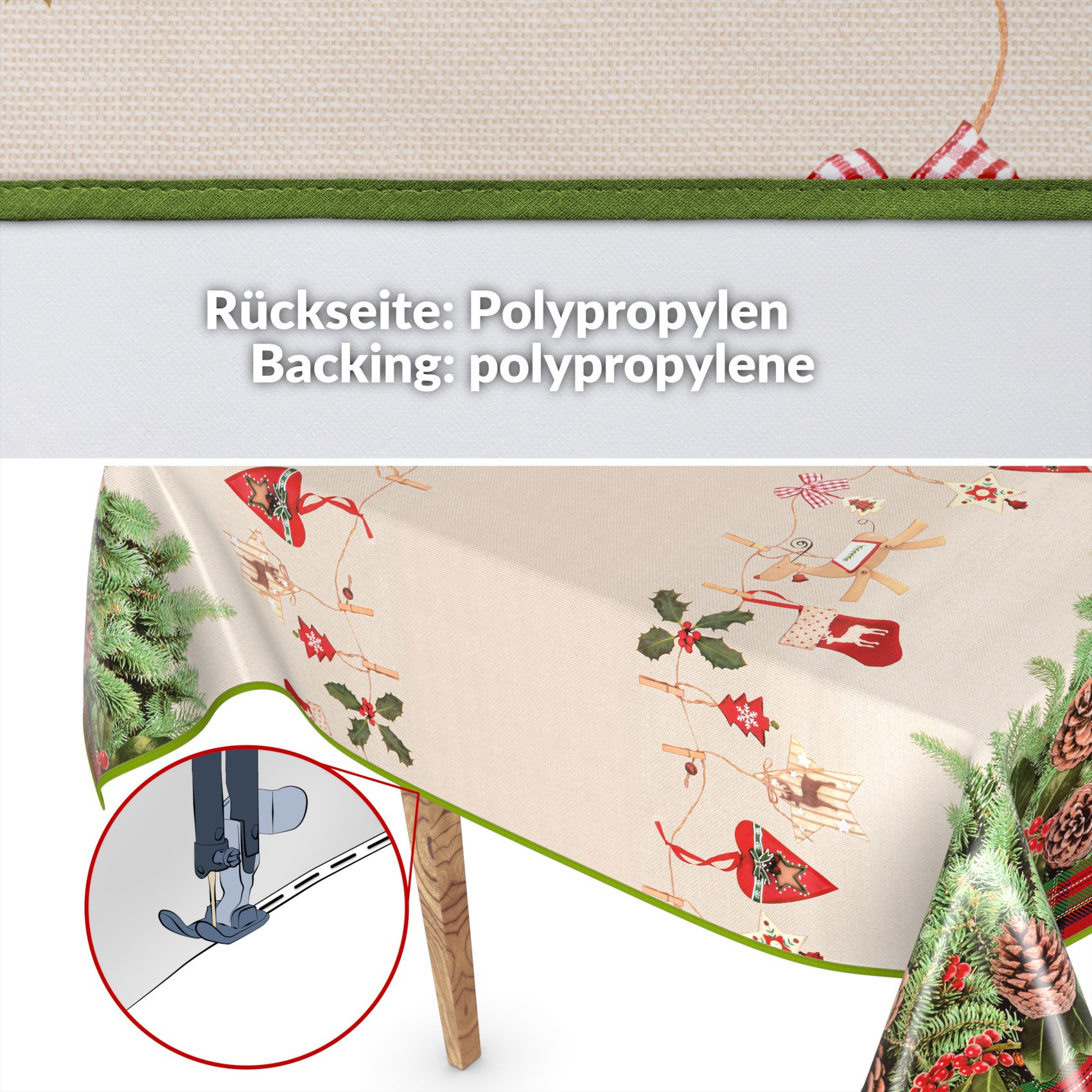 D0019A_34B-9 Weihnachtstischdecke Wachstuch Tischdecke abwaschbar Wachstischdecke Weihnachstskranz – 180x140cm, mit Saum (Eingefasst)