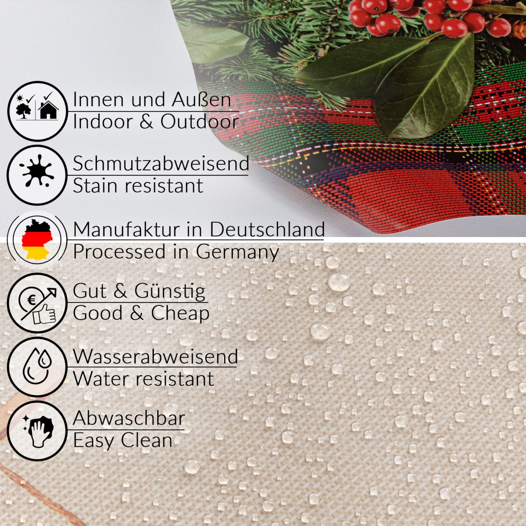 D0019A_40-33 Weihnachtstischdecke Wachstuch Tischdecke abwaschbar Wachstischdecke Weihnachstskranz – 160x100cm, mit Saum (Eingefasst)