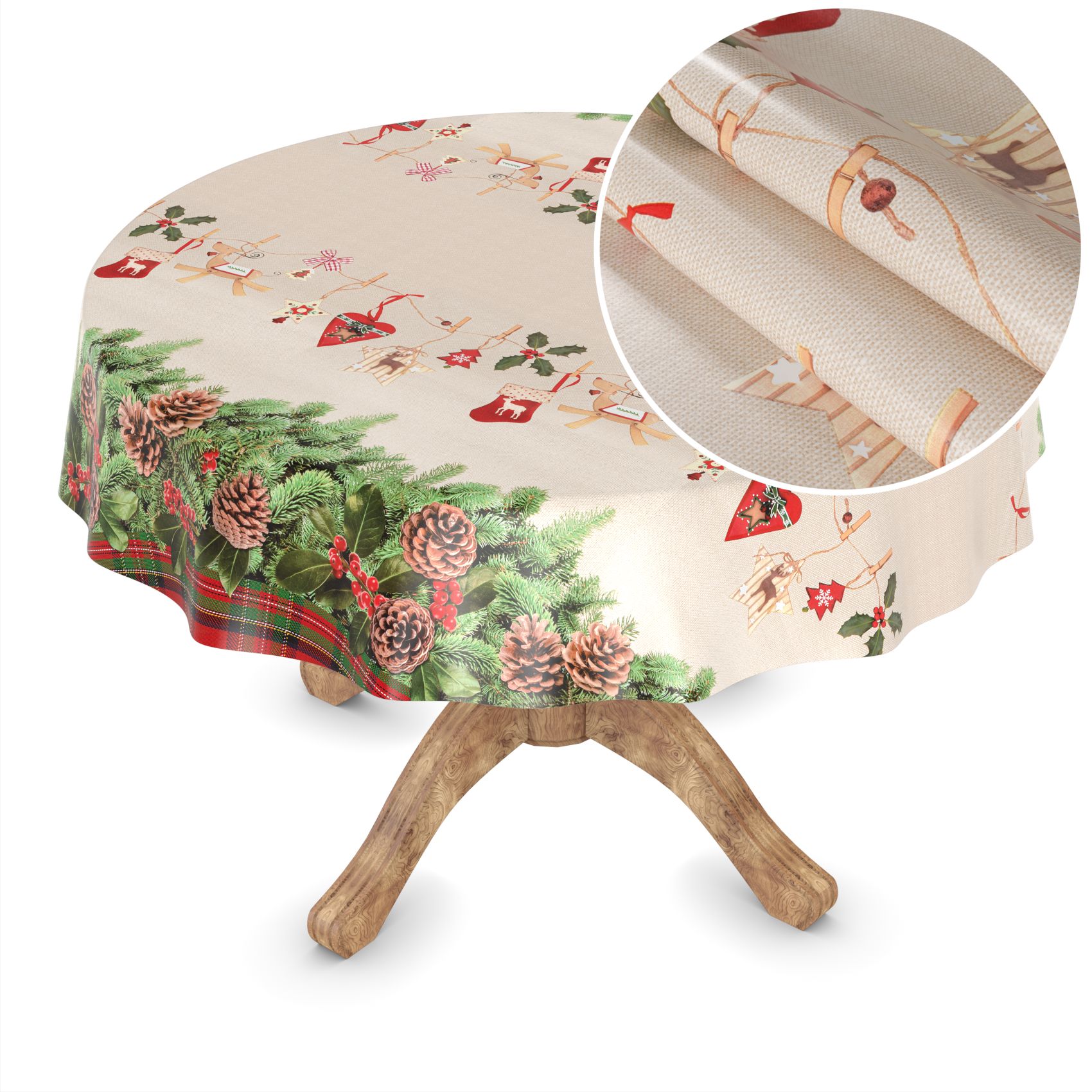 D0019A_50 Weihnachtstischdecke Wachstuch Tischdecke abwaschbar Wachstischdecke Weihnachstskranz – Rund 100cm, Schnittkante