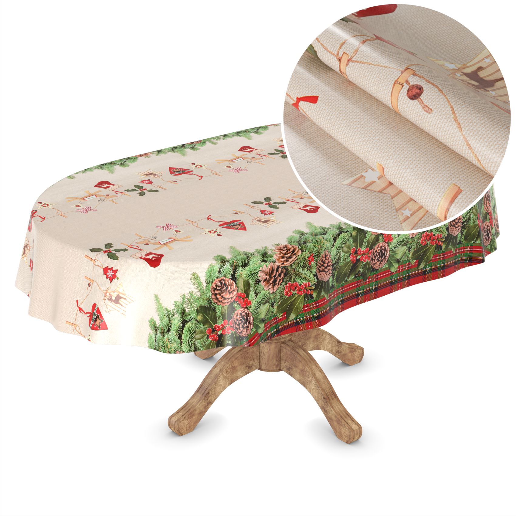 D0019A_51-1 Weihnachtstischdecke Wachstuch Tischdecke abwaschbar Wachstischdecke Weihnachstskranz – Oval 180x140cm, Schnittkante