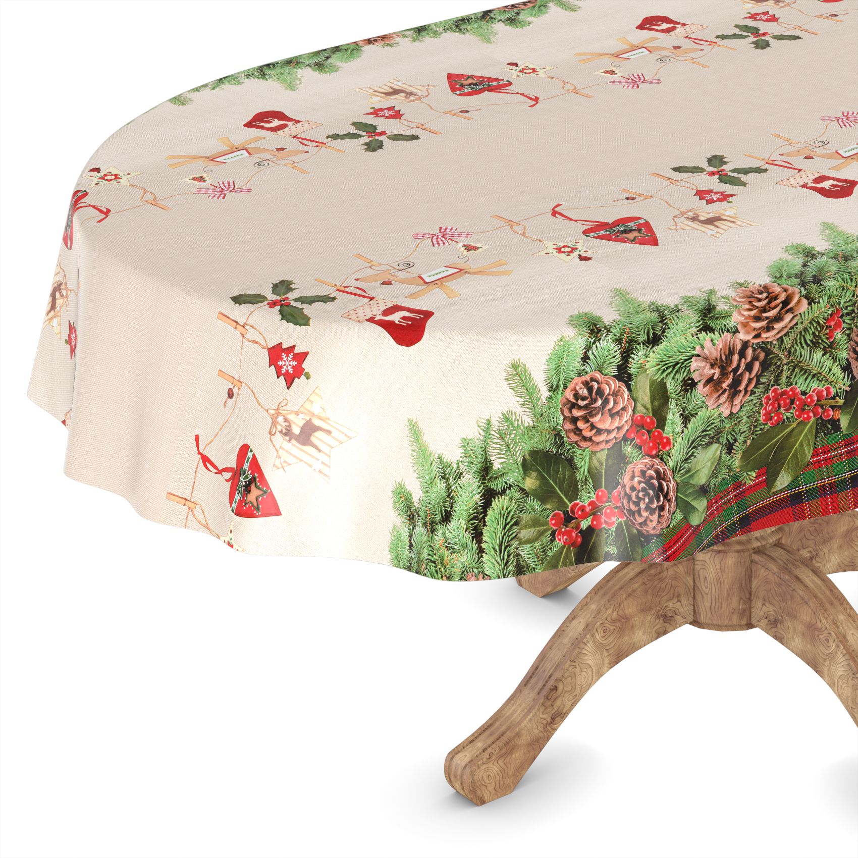 D0019A_51C-1 Weihnachtstischdecke Wachstuch Tischdecke abwaschbar Wachstischdecke Weihnachstskranz – Oval 180x140cm, Schnittkante