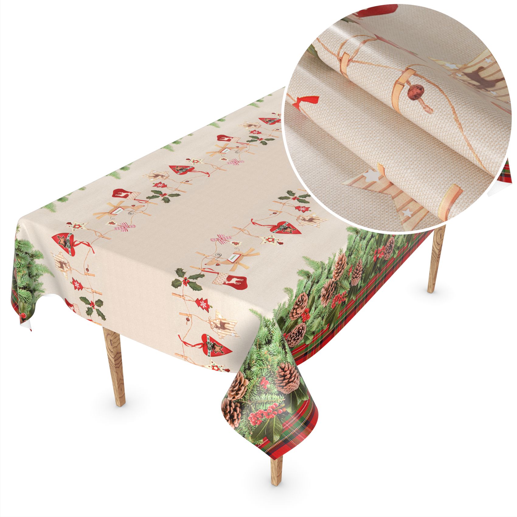 D0019A_52F-13 Weihnachtstischdecke Wachstuch Tischdecke abwaschbar Wachstischdecke Weihnachstskranz – 240x140cm, Schnittkante
