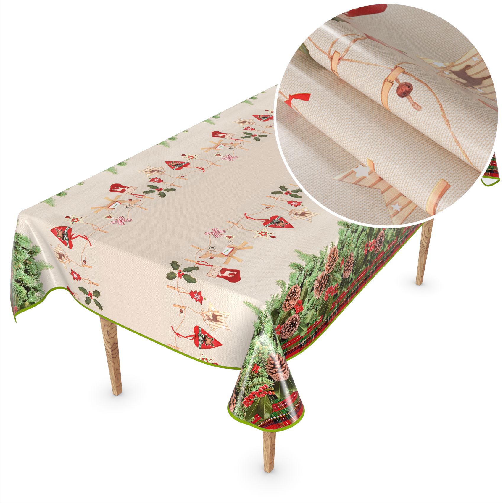 D0019A_52FB-5 Weihnachtstischdecke Wachstuch Tischdecke abwaschbar Wachstischdecke Weihnachstskranz – 100x140cm, mit Saum (Eingefasst)
