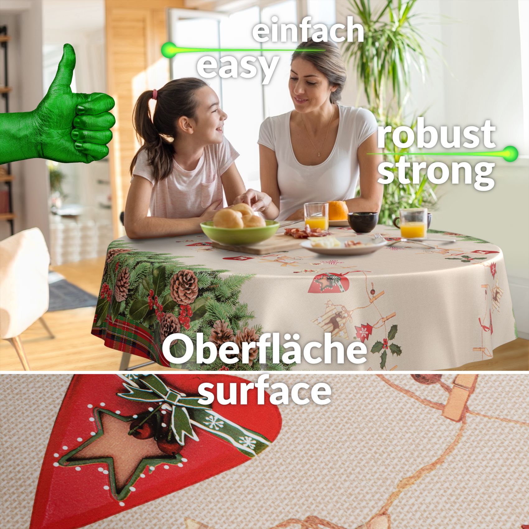 D0019A_90RU Weihnachtstischdecke Wachstuch Tischdecke abwaschbar Wachstischdecke Weihnachstskranz – Rund 100cm, Schnittkante