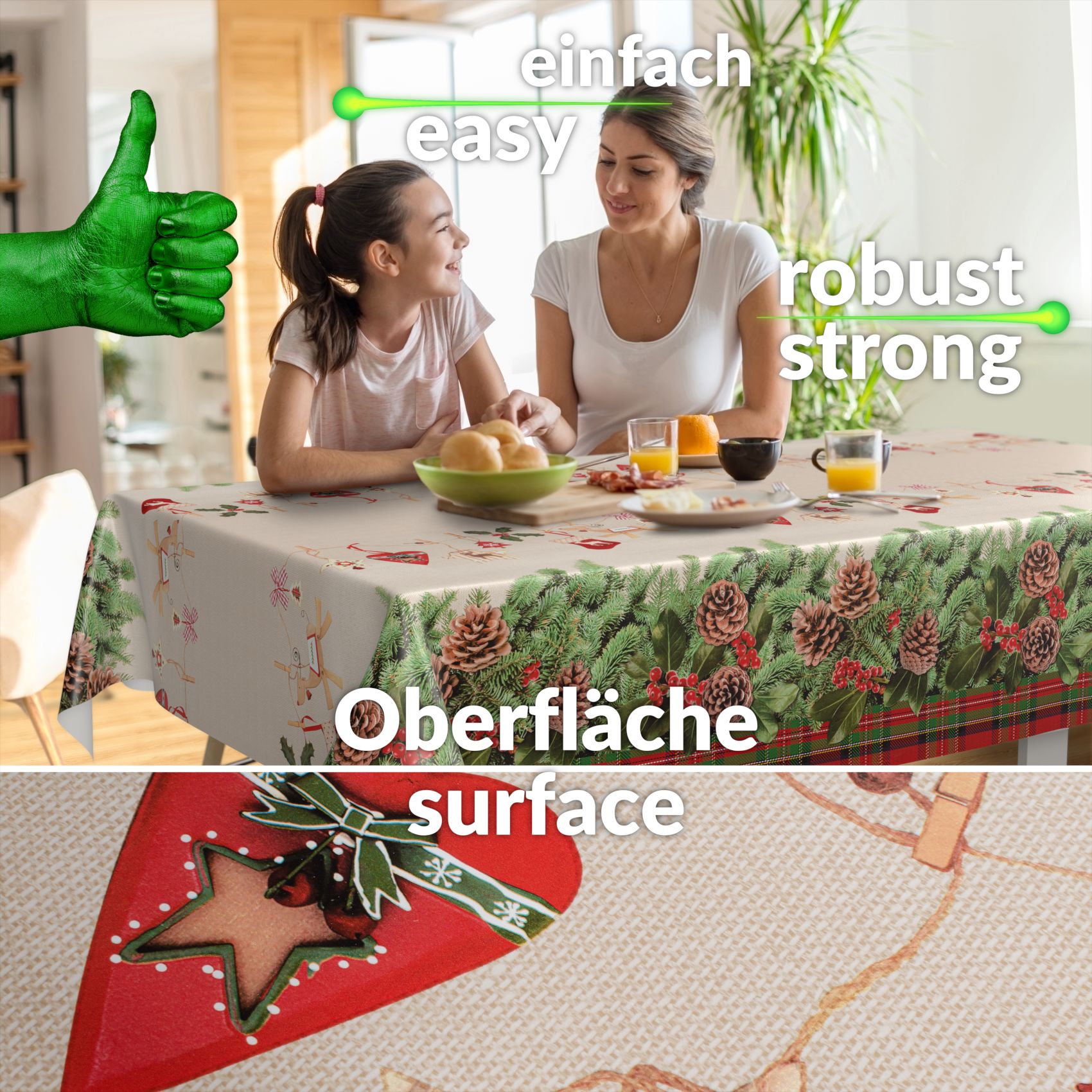 D0019A_90SQF-18 Weihnachtstischdecke Wachstuch Tischdecke abwaschbar Wachstischdecke Weihnachstskranz – 400x140cm, Schnittkante