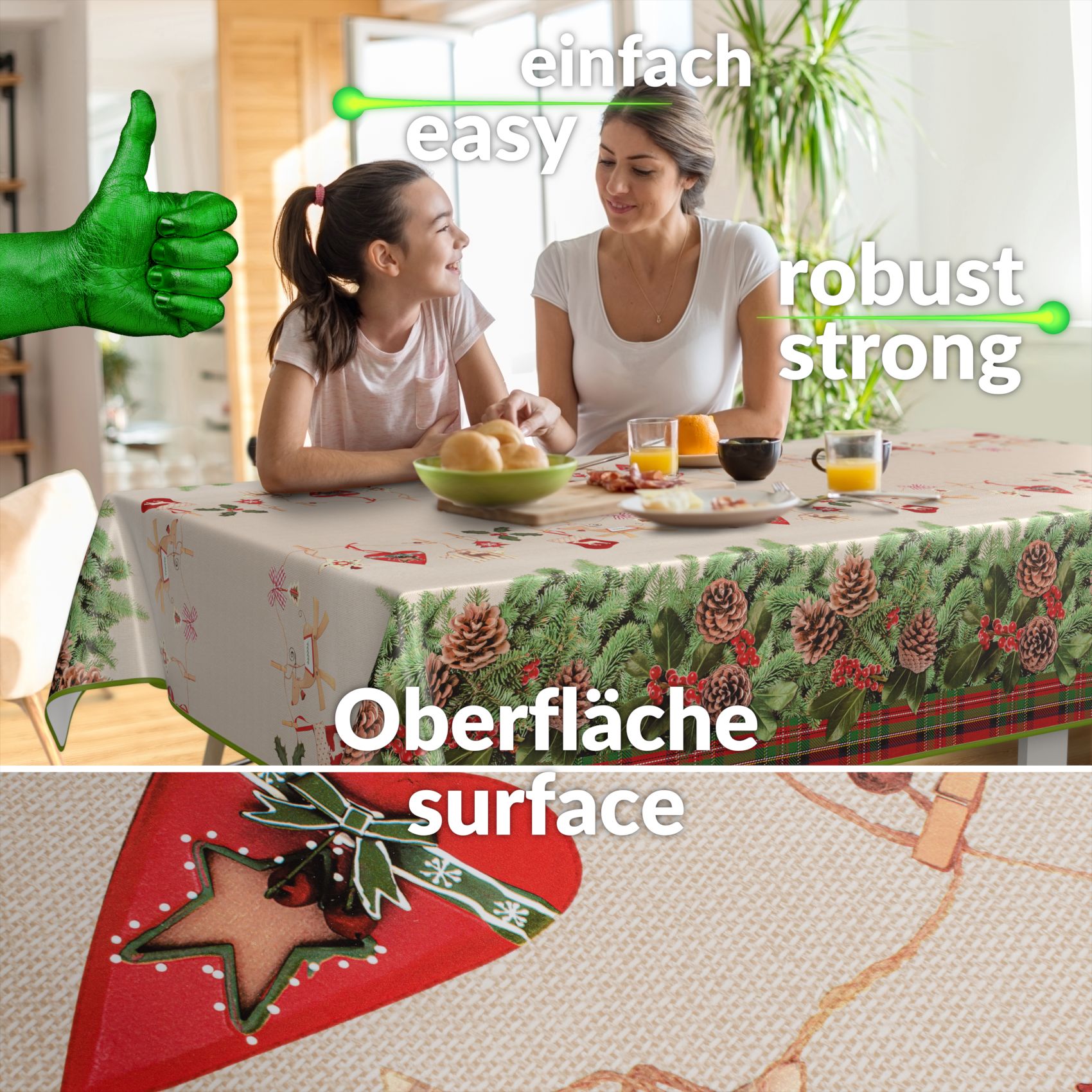 D0019A_90SQFB-14 Weihnachtstischdecke Wachstuch Tischdecke abwaschbar Wachstischdecke Weihnachstskranz – 280x140cm, mit Saum (Eingefasst)