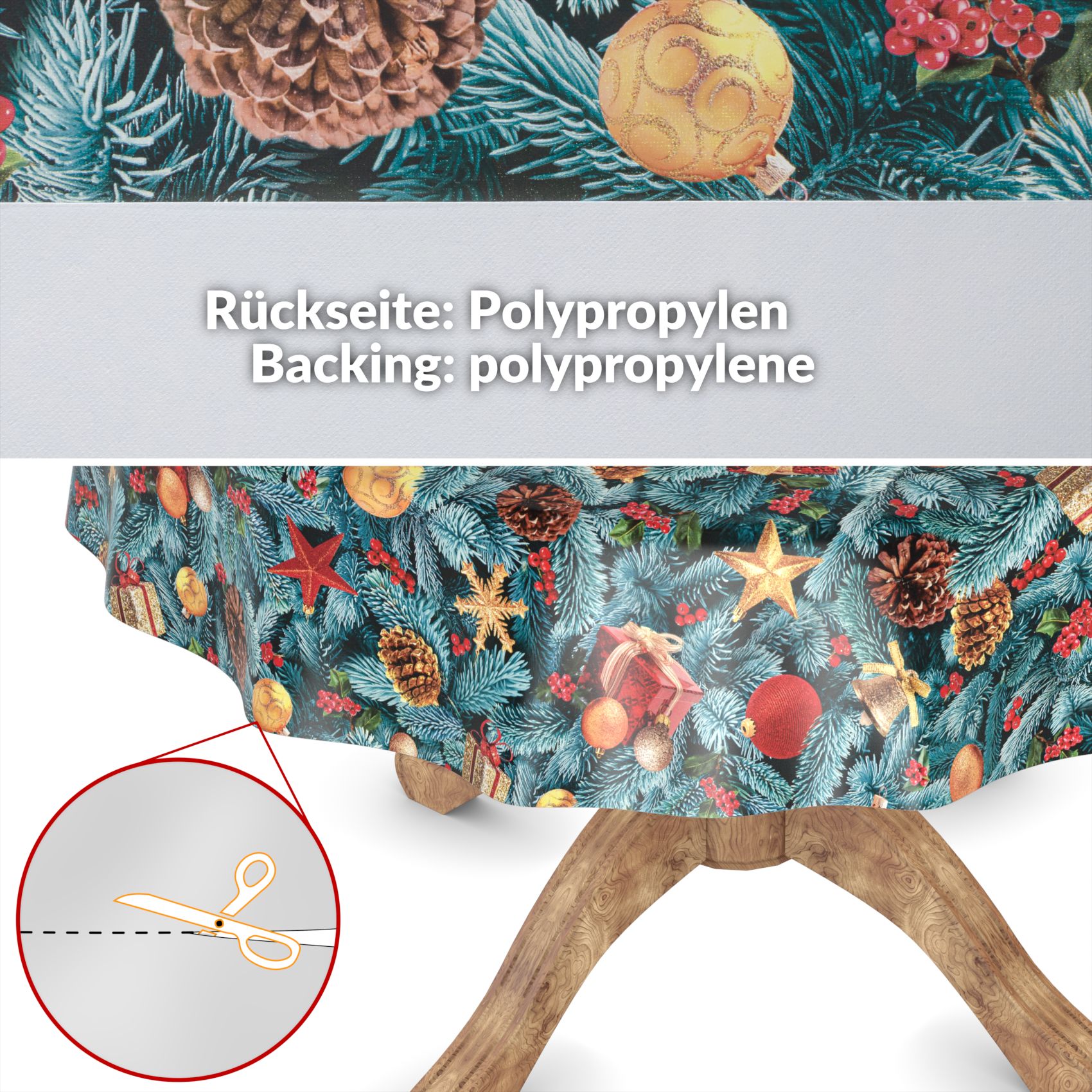 Weihnachtstischdecke Wachstuch Tischdecke abwaschbar Wachstischdecke Tannenbaum – Rund 100cm, Schnittkante