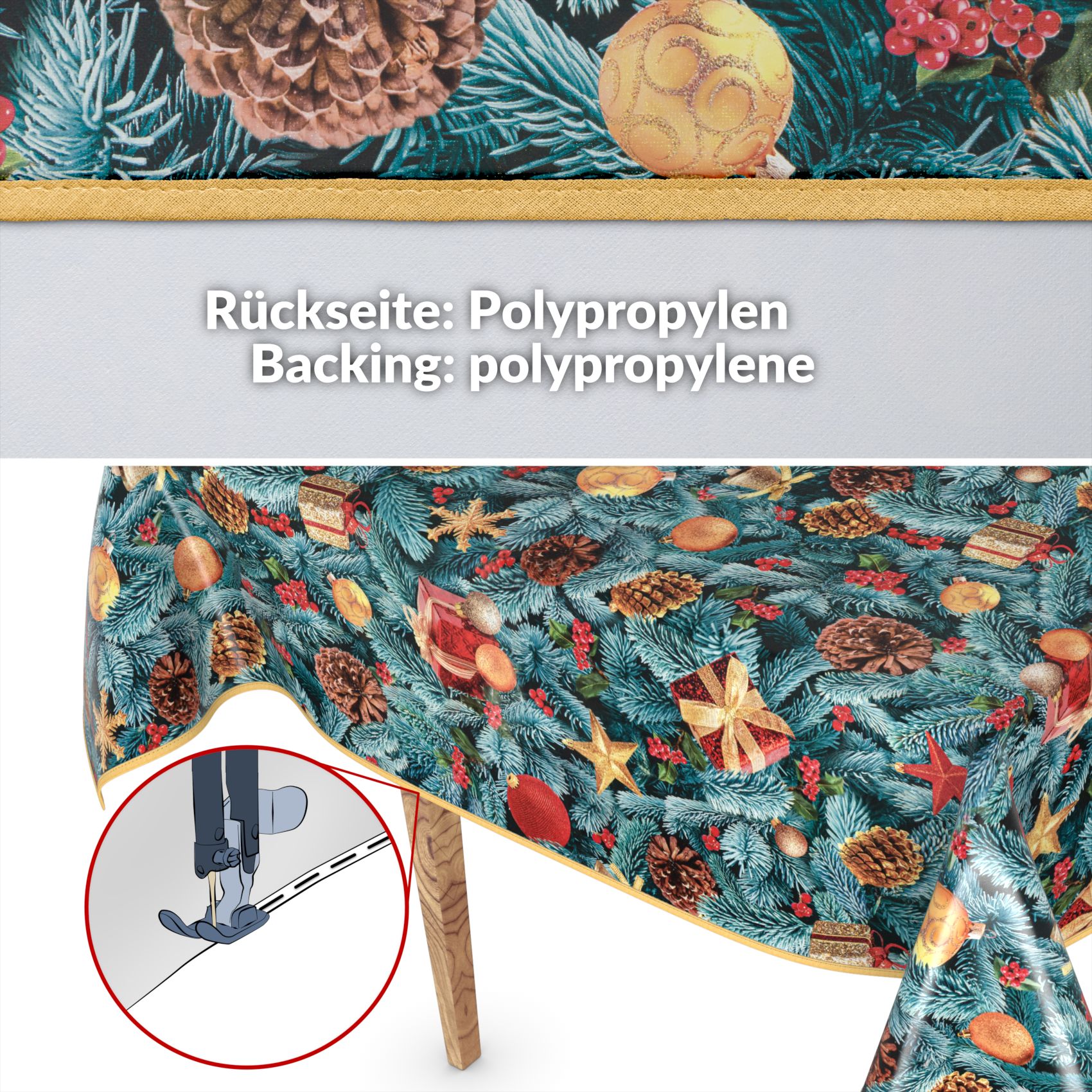 Weihnachtstischdecke Wachstuch Tischdecke abwaschbar Wachstischdecke Tannenbaum – 220x140cm, mit Saum (Eingefasst)