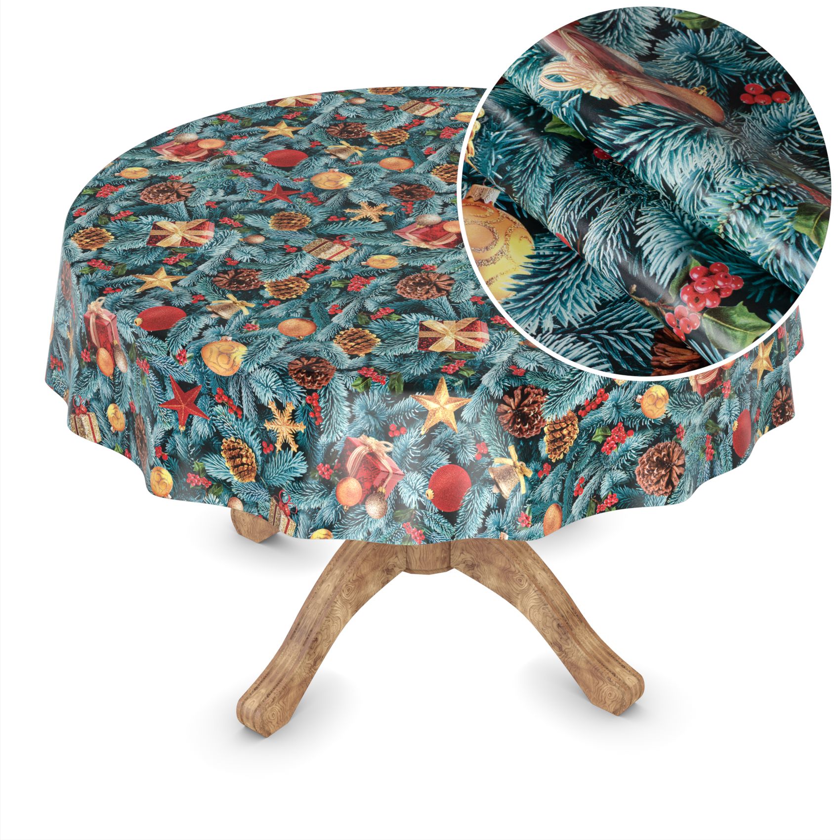 Weihnachtstischdecke Wachstuch Tischdecke abwaschbar Wachstischdecke Tannenbaum – Rund 100cm, Schnittkante