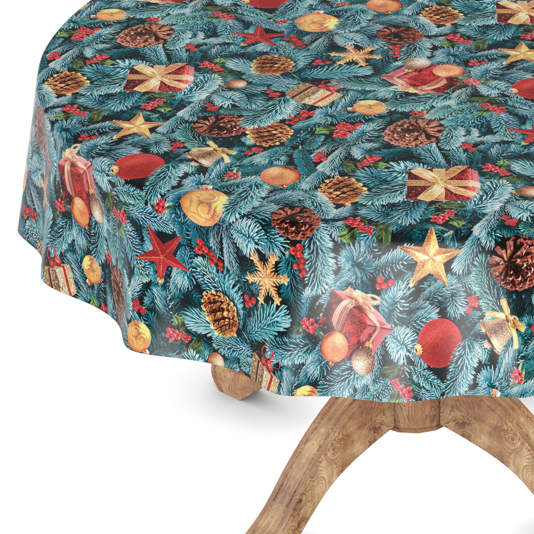 Weihnachtstischdecke Wachstuch Tischdecke abwaschbar Wachstischdecke Tannenbaum – Rund 140cm, Schnittkante