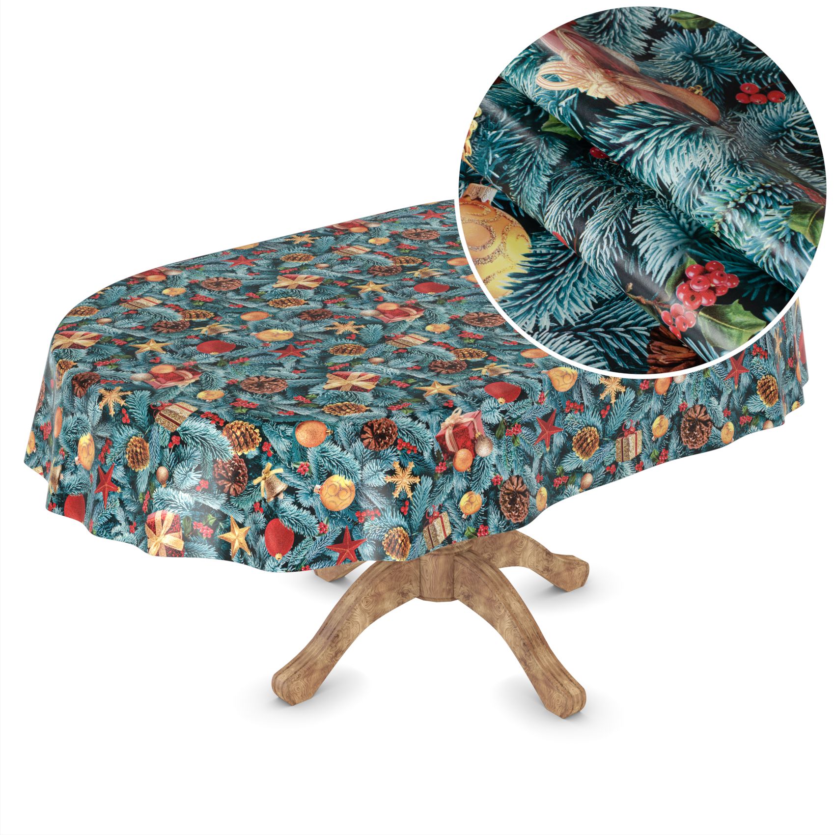 D0020A_51-1 Weihnachtstischdecke Wachstuch Tischdecke abwaschbar Wachstischdecke Tannenbaum – Oval 180x140cm, Schnittkante