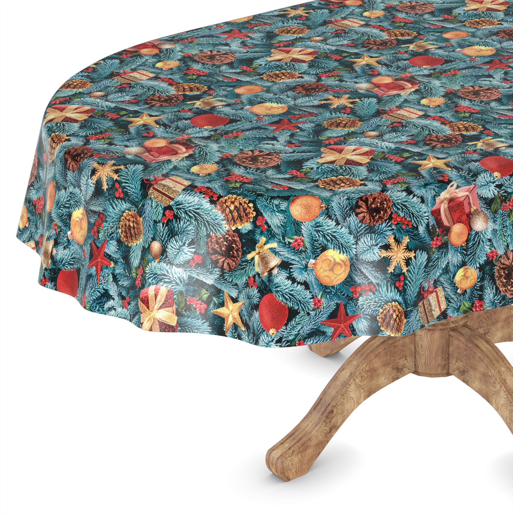 D0020A_51C-5 Weihnachtstischdecke Wachstuch Tischdecke abwaschbar Wachstischdecke Tannenbaum – Oval 260x140cm, Schnittkante