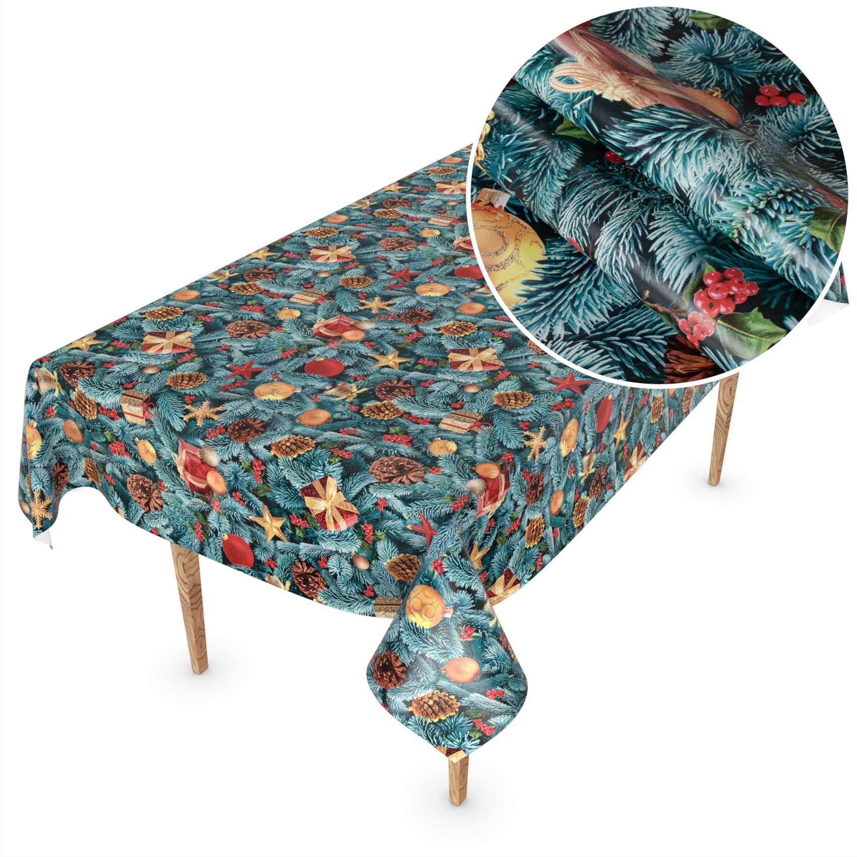 D0020A_52F-12 Weihnachtstischdecke Wachstuch Tischdecke abwaschbar Wachstischdecke Tannenbaum – 220x140cm, Schnittkante