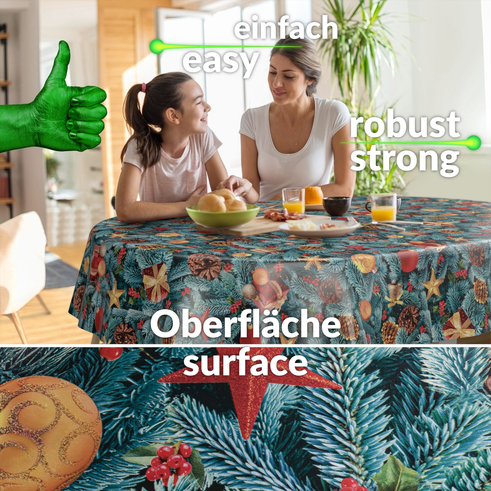 D0020A_90OV-5 Weihnachtstischdecke Wachstuch Tischdecke abwaschbar Wachstischdecke Tannenbaum – Oval 260x140cm, Schnittkante