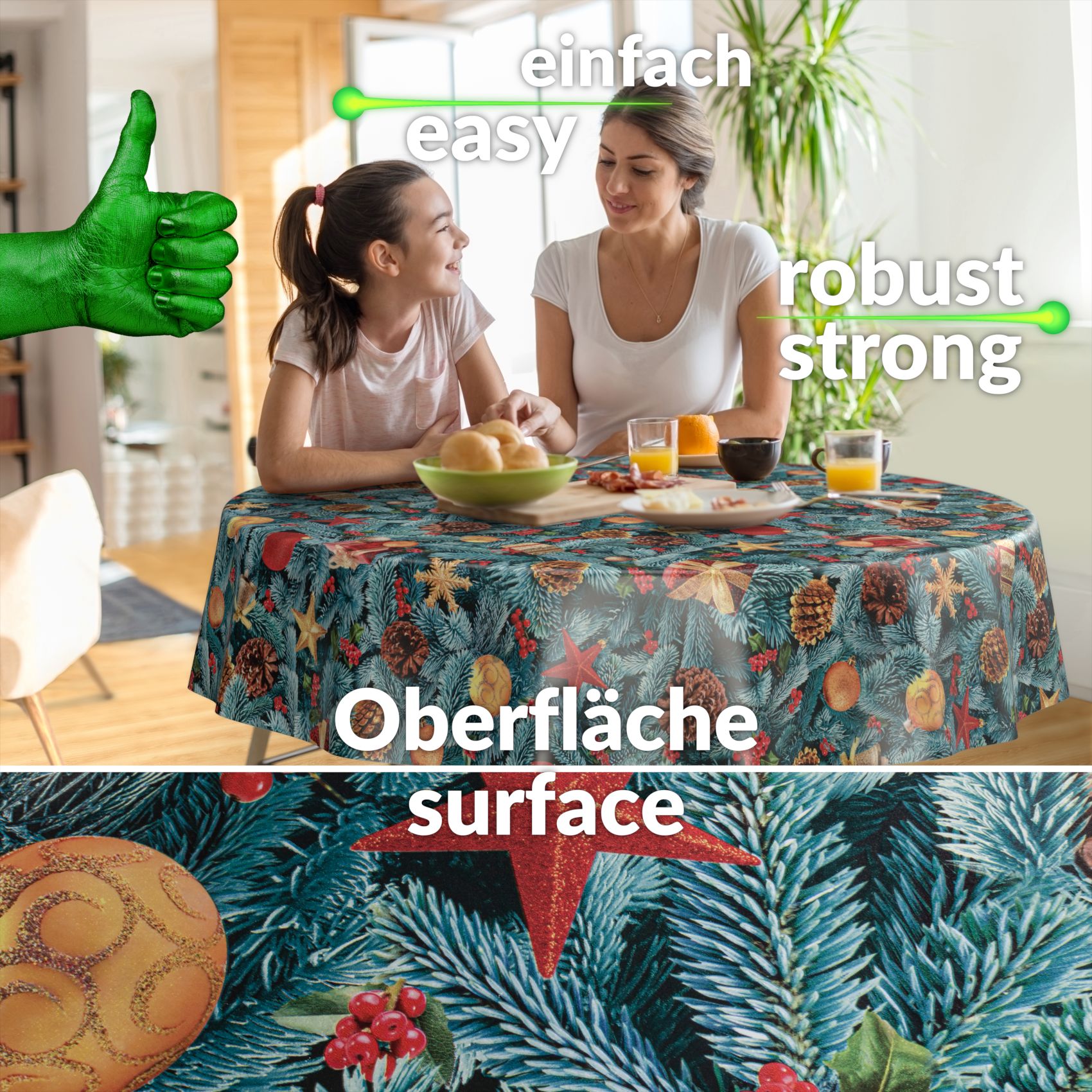 D0020A_90RU-1 Weihnachtstischdecke Wachstuch Tischdecke abwaschbar Wachstischdecke Tannenbaum – Rund 120cm, Schnittkante