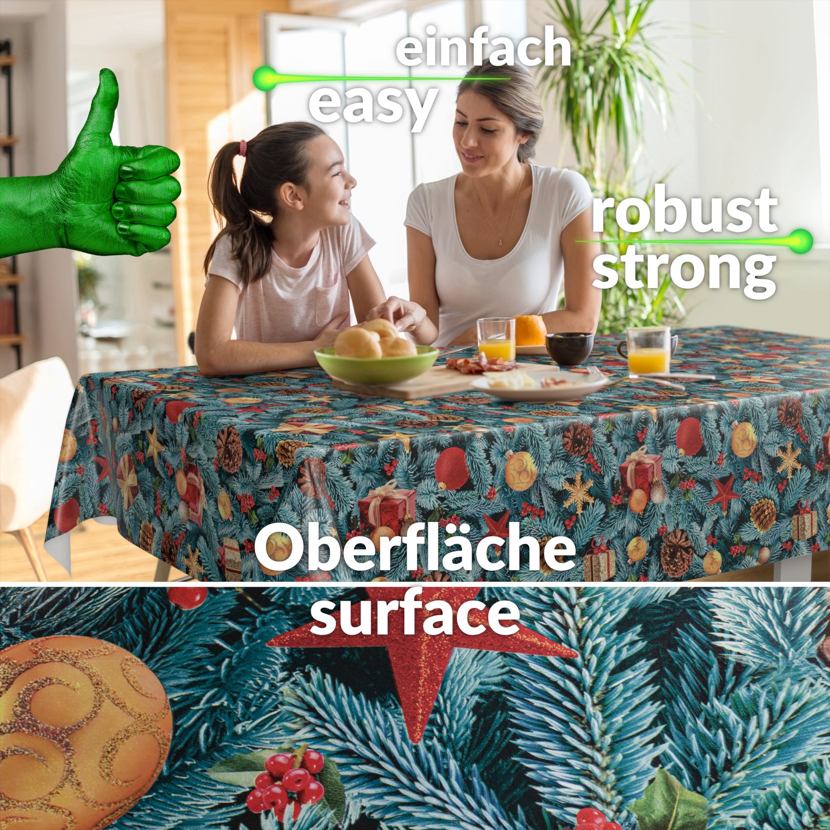 D0020A_90SQF-16 Weihnachtstischdecke Wachstuch Tischdecke abwaschbar Wachstischdecke Tannenbaum – 300x140cm, Schnittkante