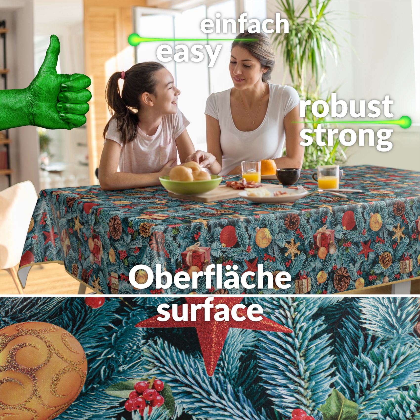 Weihnachtstischdecke Wachstuch Tischdecke abwaschbar Wachstischdecke Tannenbaum – 160x140cm, mit Saum (Eingefasst)