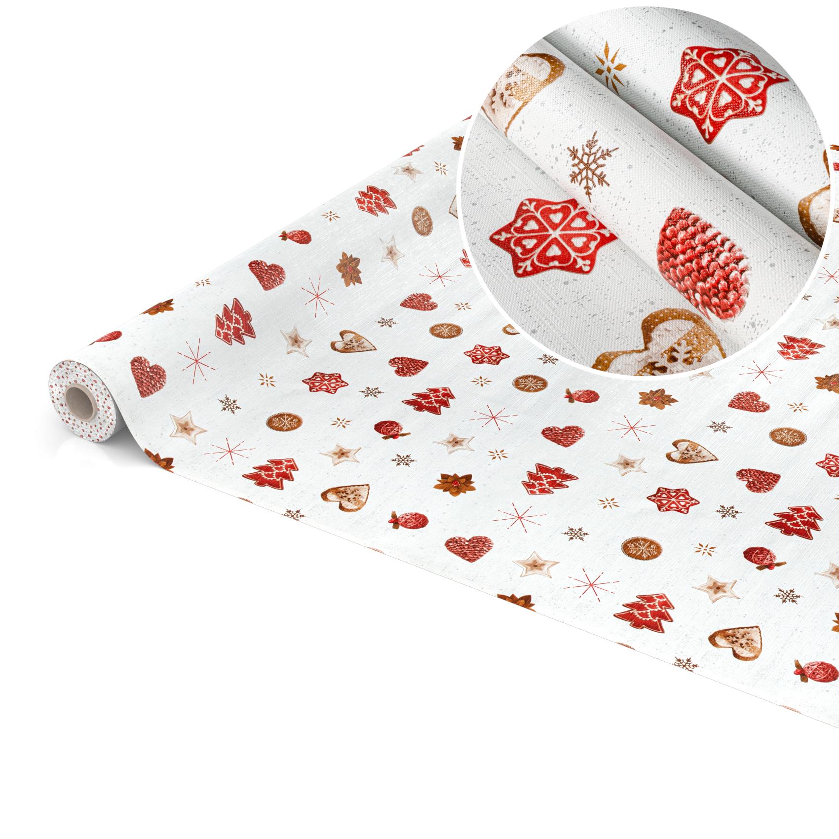 Weihnachtstischdecke Wachstuch abwaschbar Weihnachten Lebkuchen Schneeflocken Rot Weiß – 350x140cm, Schnittkante