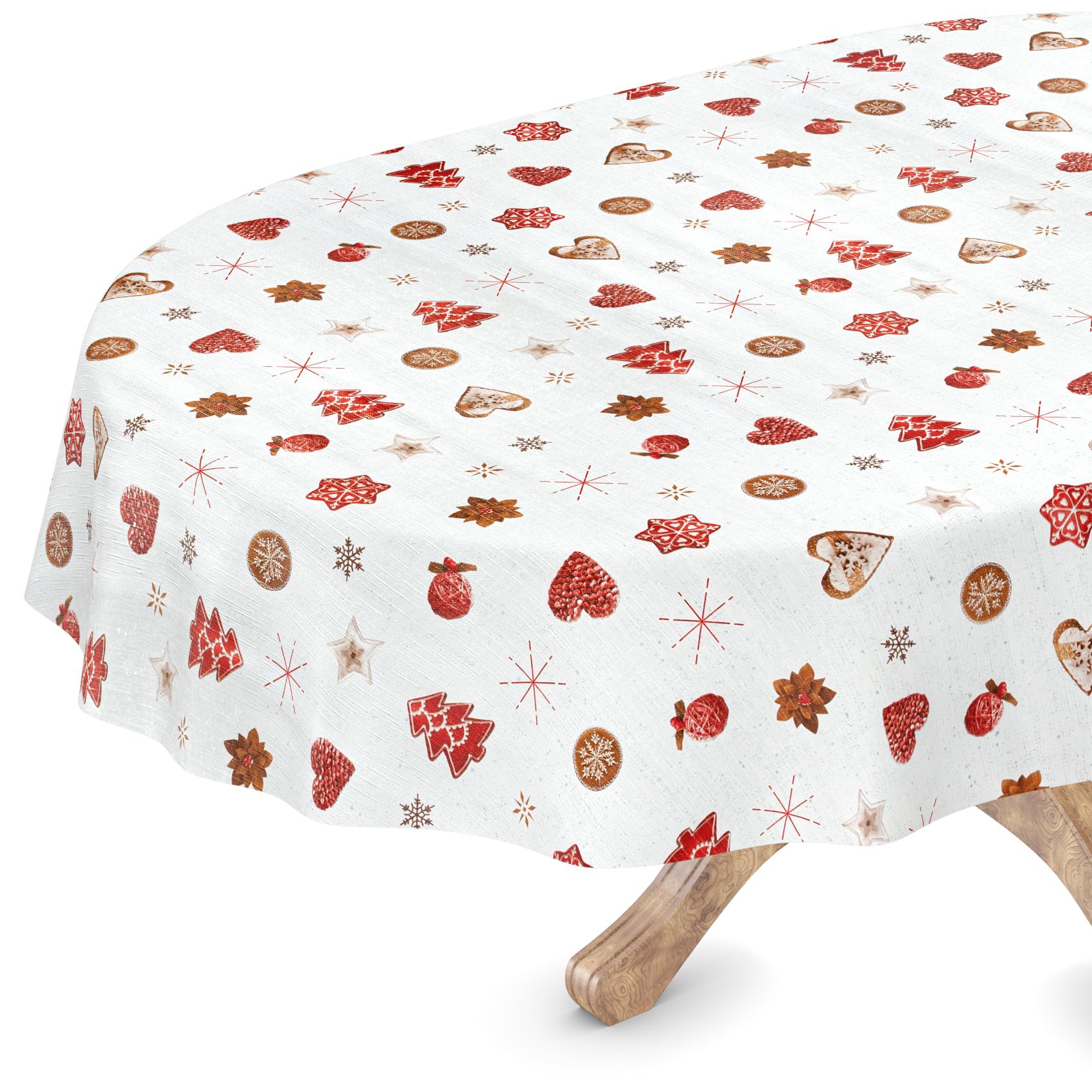 Weihnachtstischdecke Wachstuch abwaschbar Weihnachten Lebkuchen Schneeflocken Rot Weiß – Oval 220x140cm, Schnittkante