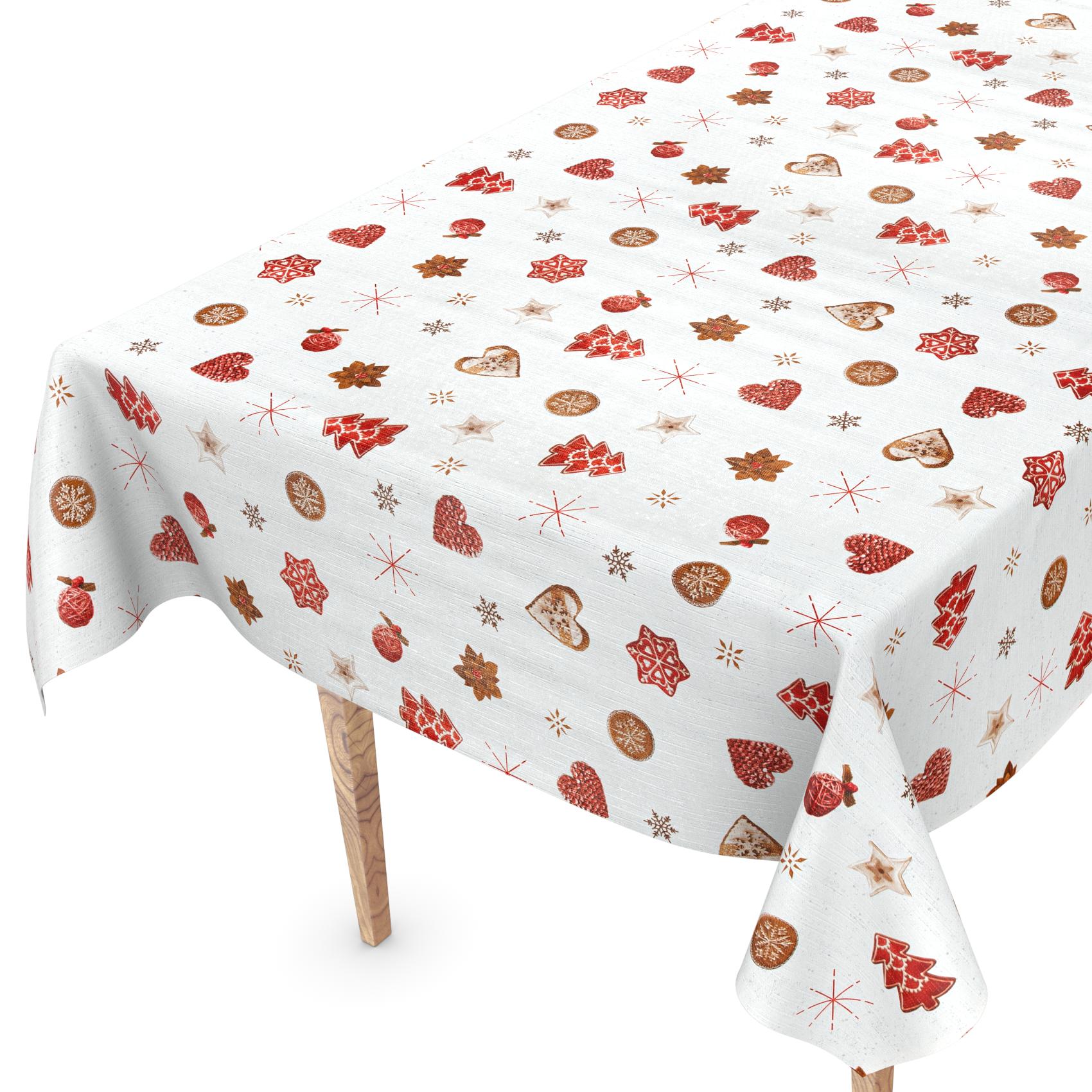 Weihnachtstischdecke Wachstuch abwaschbar Weihnachten Lebkuchen Schneeflocken Rot Weiß – 120x140cm, Schnittkante
