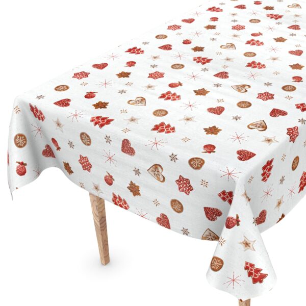 Weihnachtstischdecke Wachstuch abwaschbar Weihnachten Lebkuchen Schneeflocken Rot Weiß – 100x140cm, Schnittkante