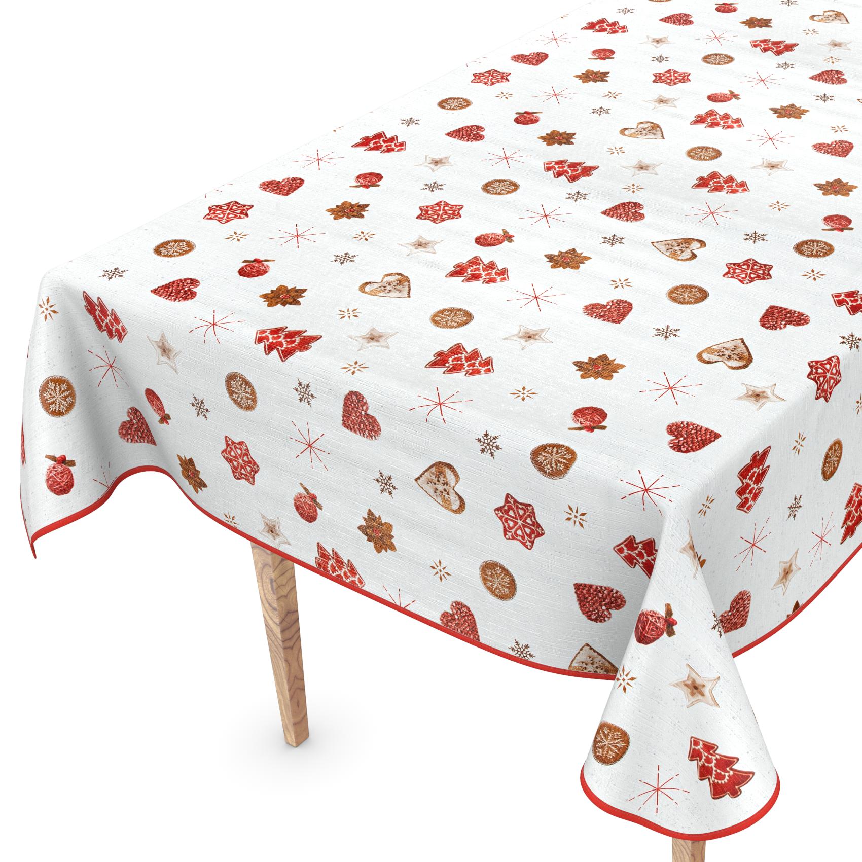 Weihnachtstischdecke Wachstuch abwaschbar Weihnachten Lebkuchen Schneeflocken Rot Weiß – 280x140cm, Paspelband (Eingefasst)
