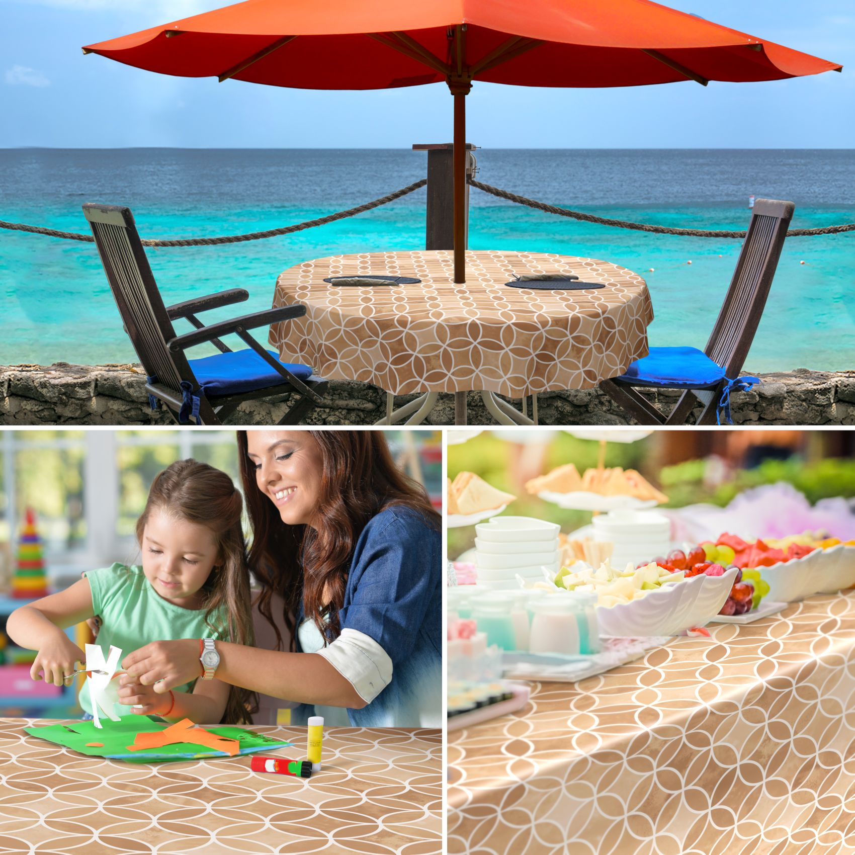 E43430B_30-1 Wachstuch Tischdecke abwaschbar Wachstuchtischdecke Kaleidoskop Beige abwaschbar – 100x140cm, Schnittkante