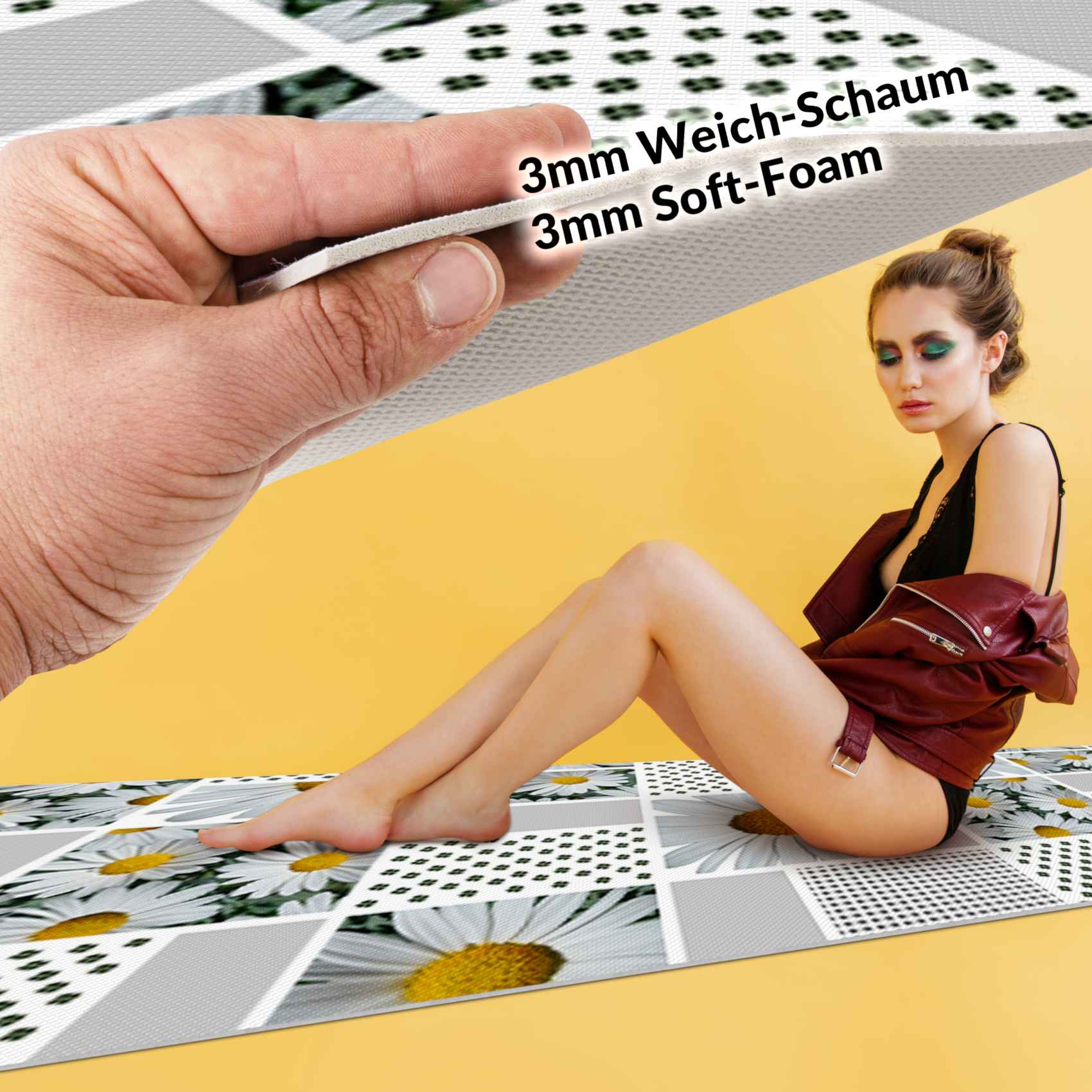 Teppichläufer Küchenläufer PVC rutschfest abwaschbar Karo Kamille Weiß 50cm Breit – 140x50cm