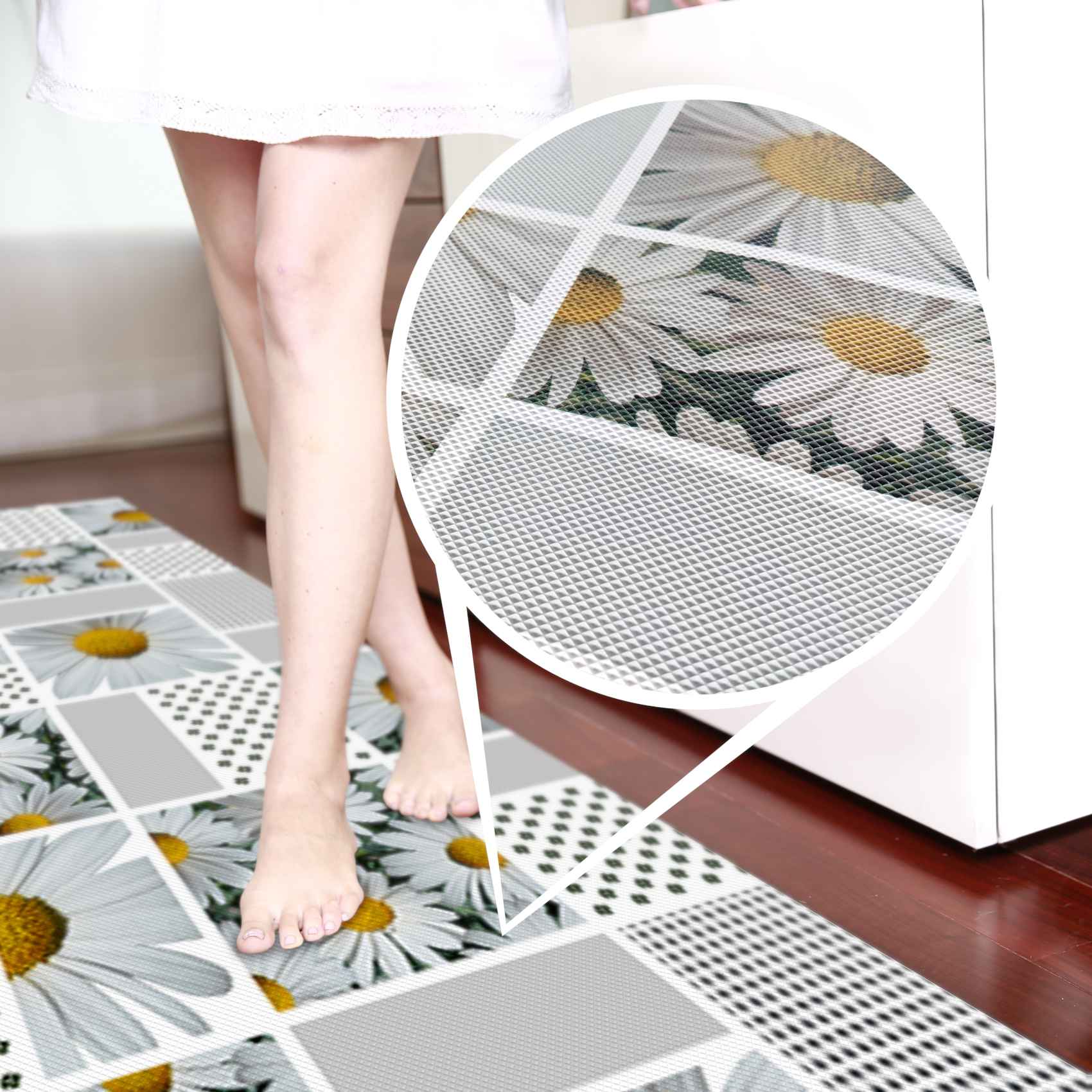 Teppichläufer Küchenläufer PVC rutschfest abwaschbar Karo Kamille Weiß 50cm Breit – 140x50cm