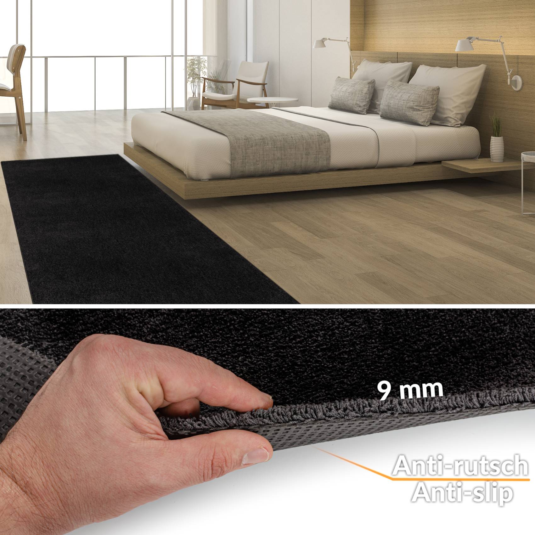 Teppich Wohnzimmer Kurzflor Designer Teppichläufer Uni einfarbig – auch als Badematte Breite 100cm – Anthrazit, 320x100cm