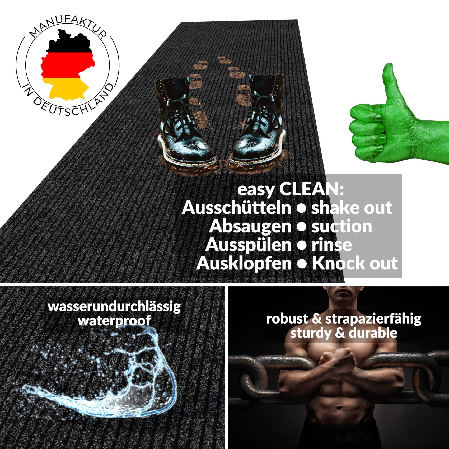 Schmutzfangmatte Fußmatte Teppich Läufer Flur Sauberlaufmatte einfarbig Mischa Breite 100cm – Schwarz, 500x100cm