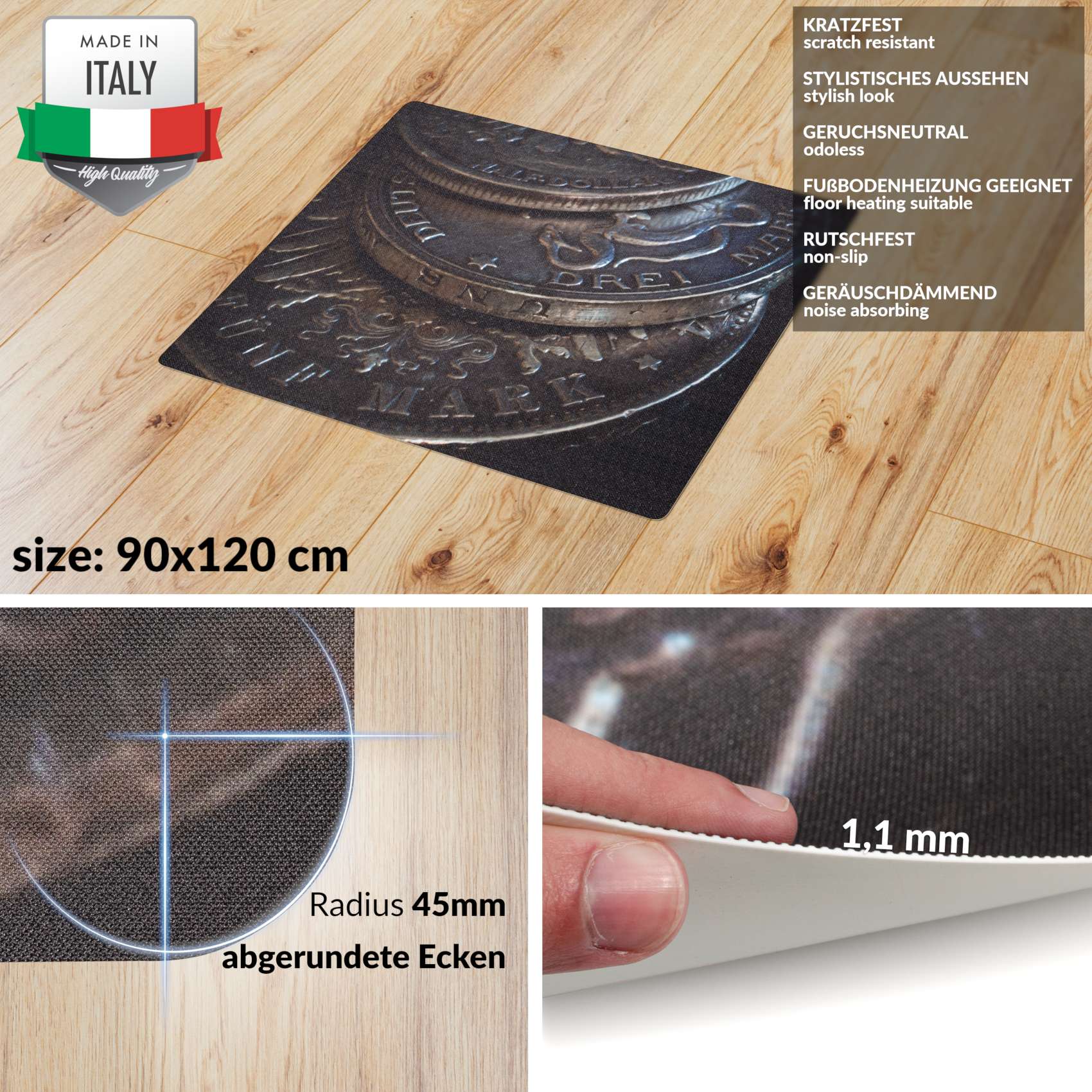 TDS-DMA-090-120_40 Bodenschutzmatte Schreibtisch Stuhl Unterlage Bürostuhlunterlage 8 Designs – Deutsche Mark, 90x120cm