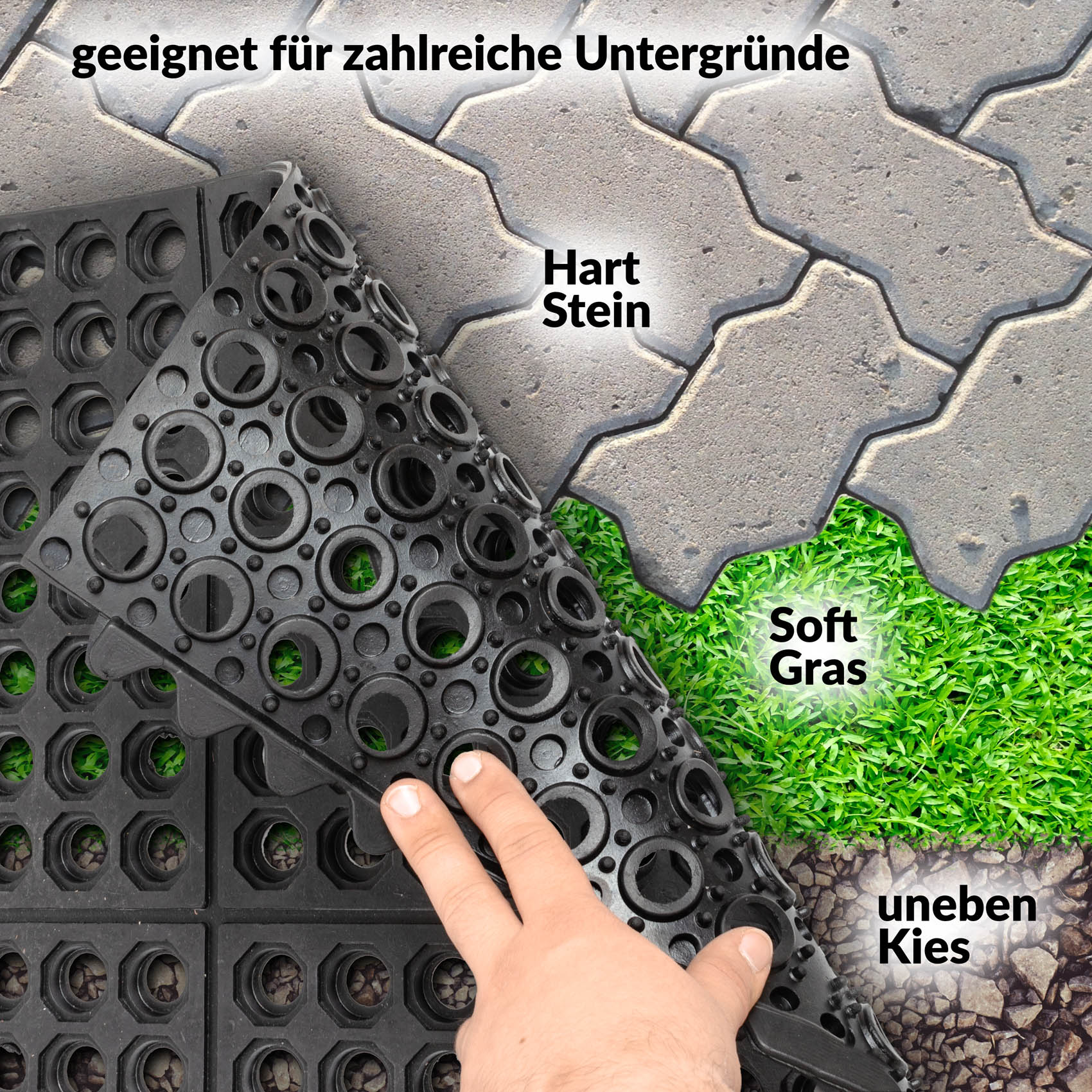 VREST-090-090_60 Ringgummimatte Gummimatte Schmutzfangmatte Wabenmatte mit Verbinder 90x90cm Schwarz