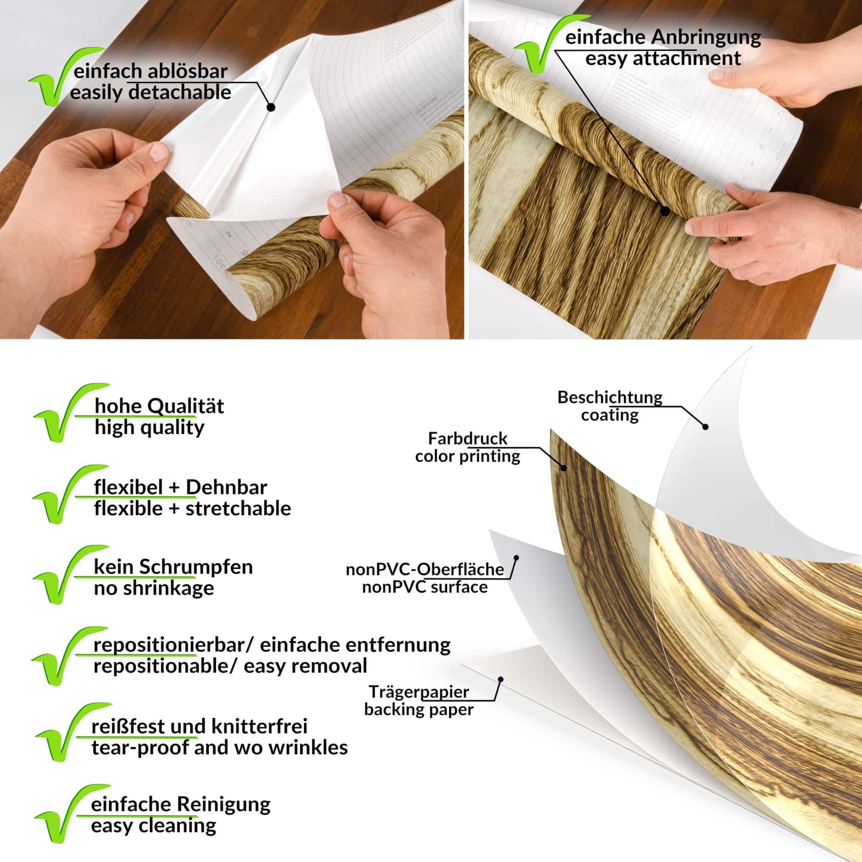 Klebefolie Möbelfolie matt selbstklebende Dekofolie Möbel 0,45x2m PVC-frei – Holzdekorfolie Braun