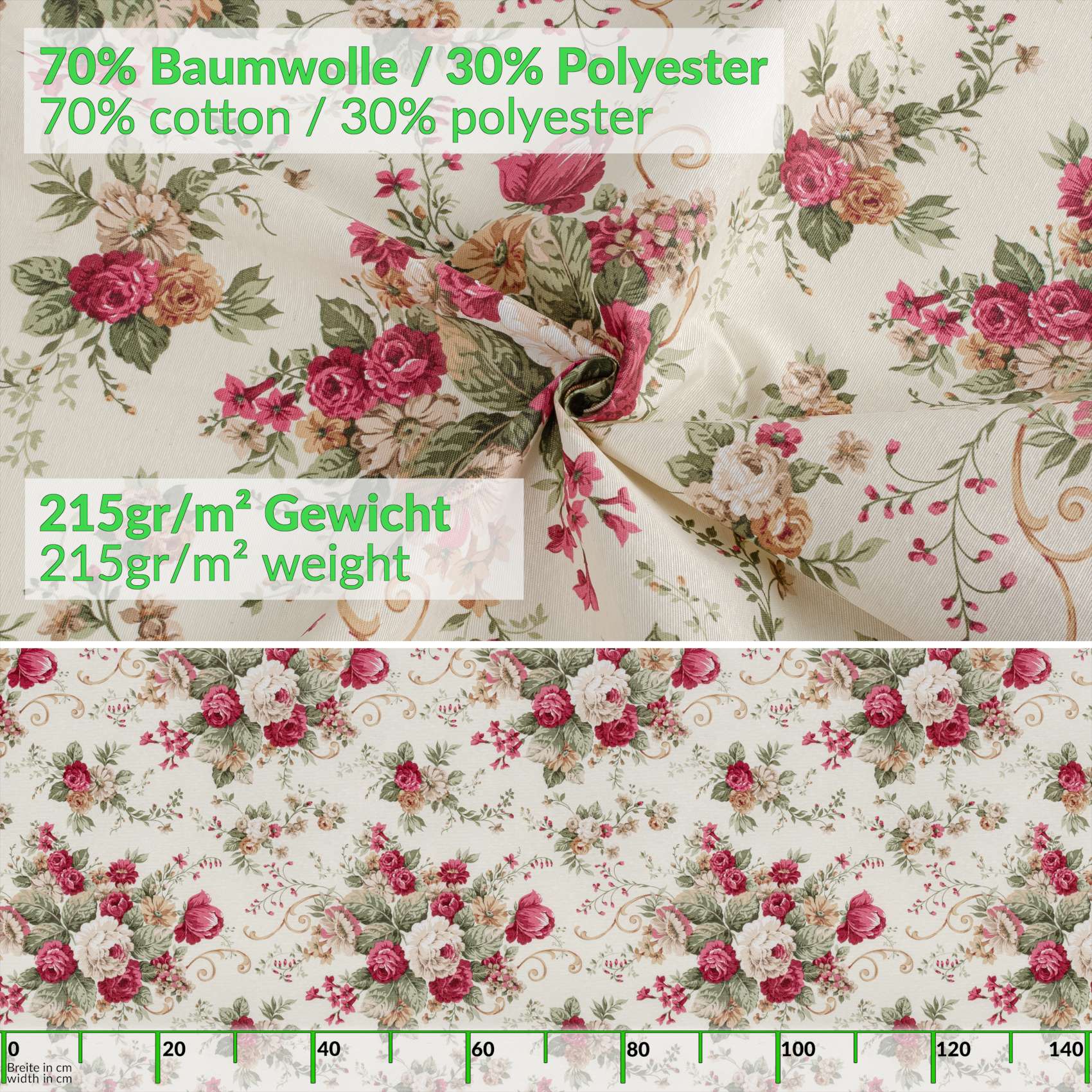 Tischdecke aus Stoff Textil Tischwäsche abwaschbar Tischtuch Baumwolle Polyester Roses In-/Outdoor Tischdecke – 100x140cm, Schnittkante