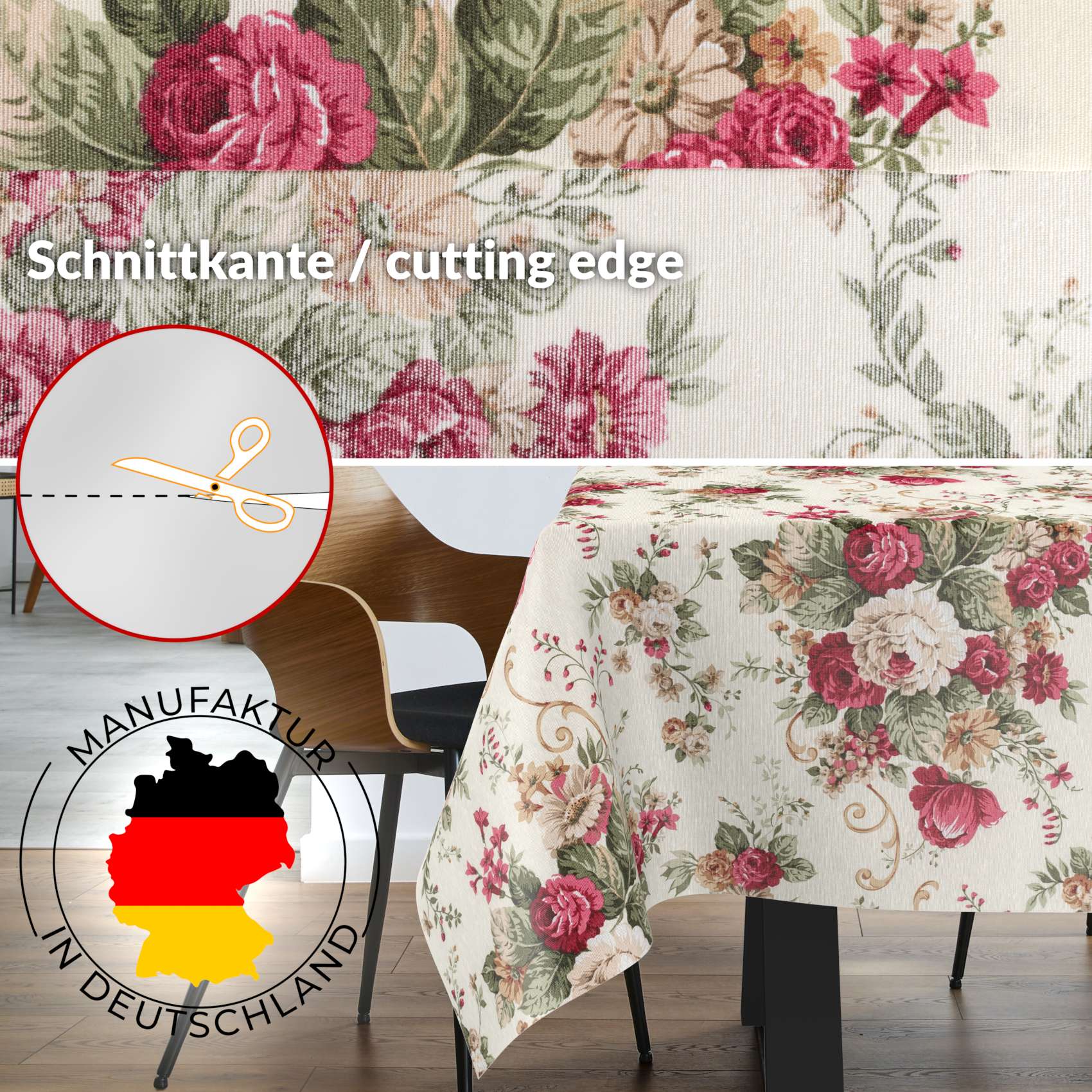 Tischdecke aus Stoff Textil Tischwäsche abwaschbar Tischtuch Baumwolle Polyester Roses In-/Outdoor Tischdecke – 100x140cm, Schnittkante