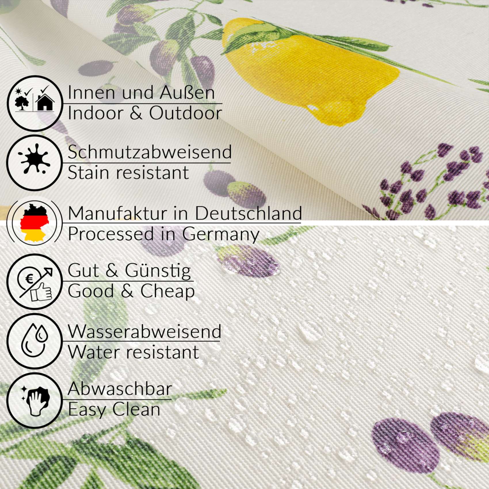 MRT68774_40 Tischdecke aus Stoff Textil Tischwäsche abwaschbar Tischtuch Baumwolle Polyester Lemon In-/Outdoor Tischdecke – 90x130cm, Schnittkante