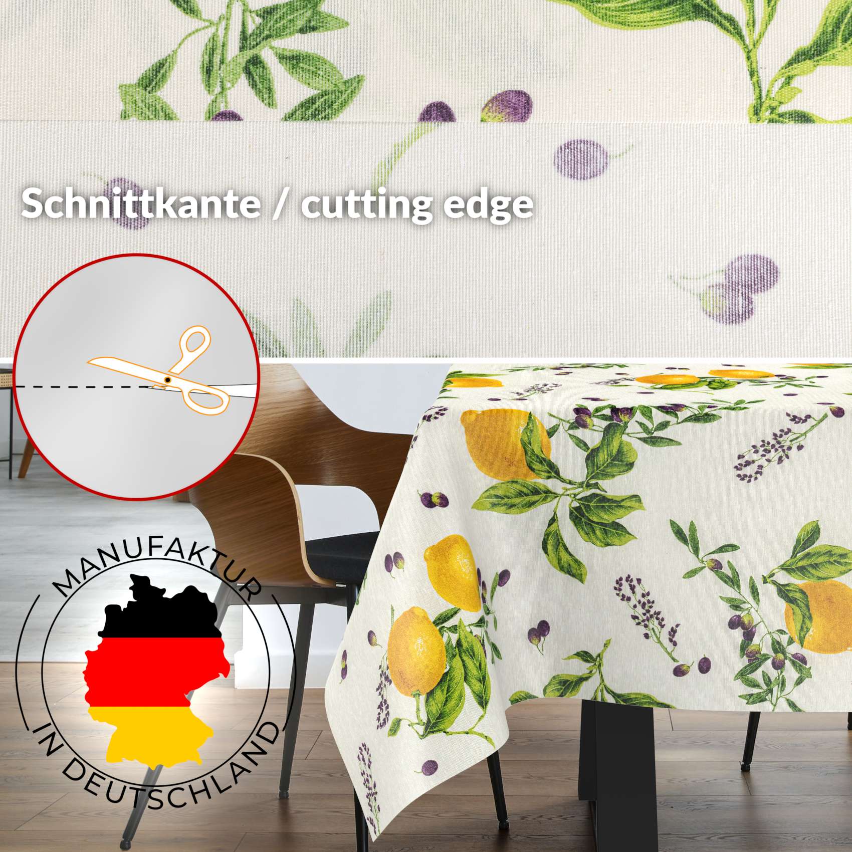 MRT68774_SQ_30 Tischdecke aus Stoff Textil Tischwäsche abwaschbar Tischtuch Baumwolle Polyester Lemon In-/Outdoor Tischdecke – 90x130cm, Schnittkante